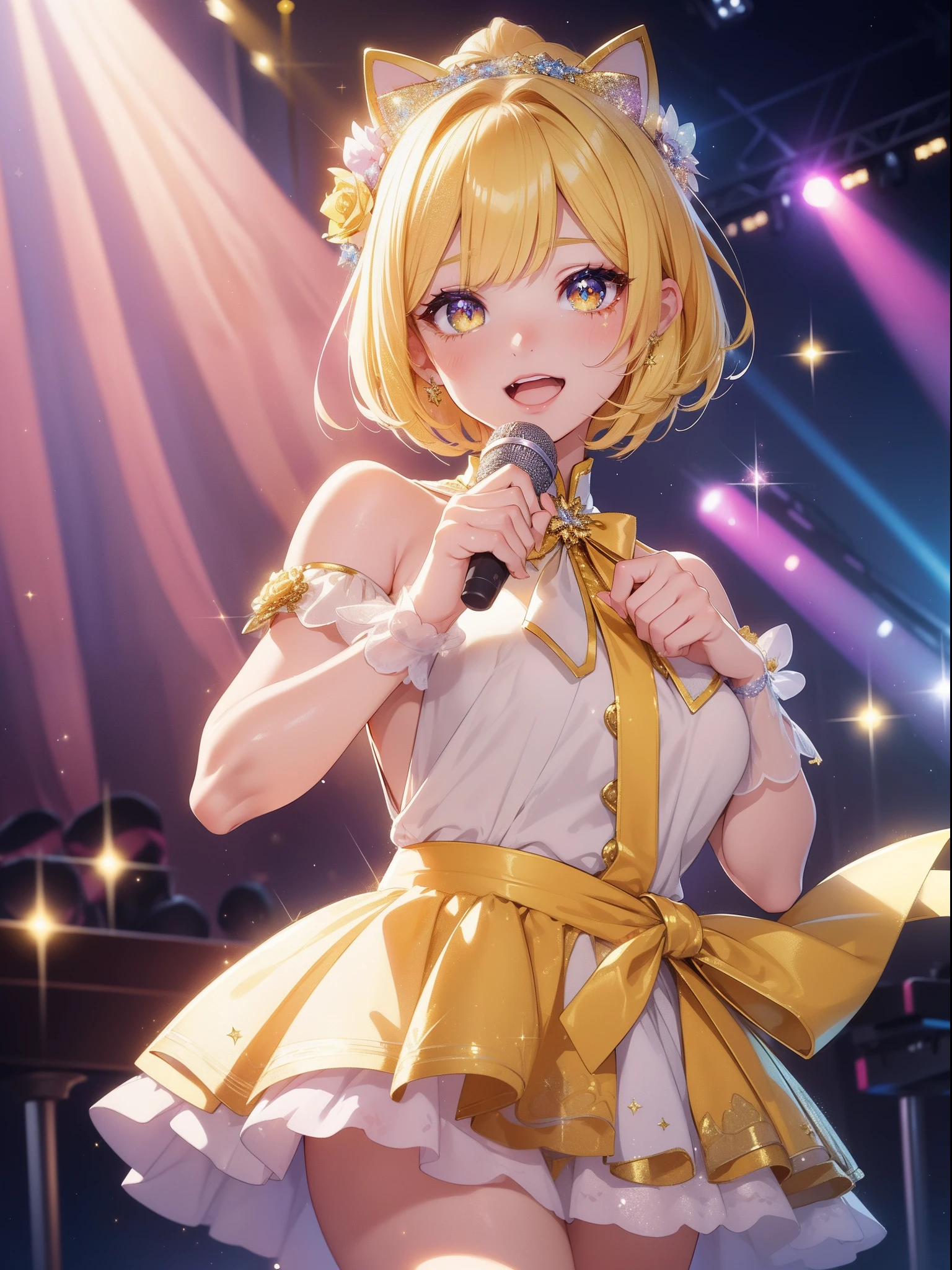 masutepiece, High resolution, 8K, anime woman, Delicate and detailed writing 、Detailed digital illustration、Short hair、perm、bob cuts、Shiny hair、Bangs、a very beautiful woman、Eyes are double, Large, Bust is D cup、High image quality, High quality、Detailed background、(((Wearing idol clothes)))、((Glittering live stage backdrop))、The inside of the eye shines like a diamond、Light yellow hair、Gradient pupil、(((2 arms、4 fingers, 1 thumb)))、Detailed female face、Very beautiful and cute woman、、细致背景、masterpiece、Soft Focus , Bright gradient watercolor , Lens Flare , (((Glitter))) , Glow , Dreamy , (((Holding a glitter microphone in your hand)))、a miniskirt、Idol、Yellow Ribbon、Very beautiful yellow rose hair accessories、Yellow and gold costume with white as the main color、((POV))、Glitter Cat Ear Headband、((PAW Pose)、lively girl、Laughing with open mouth