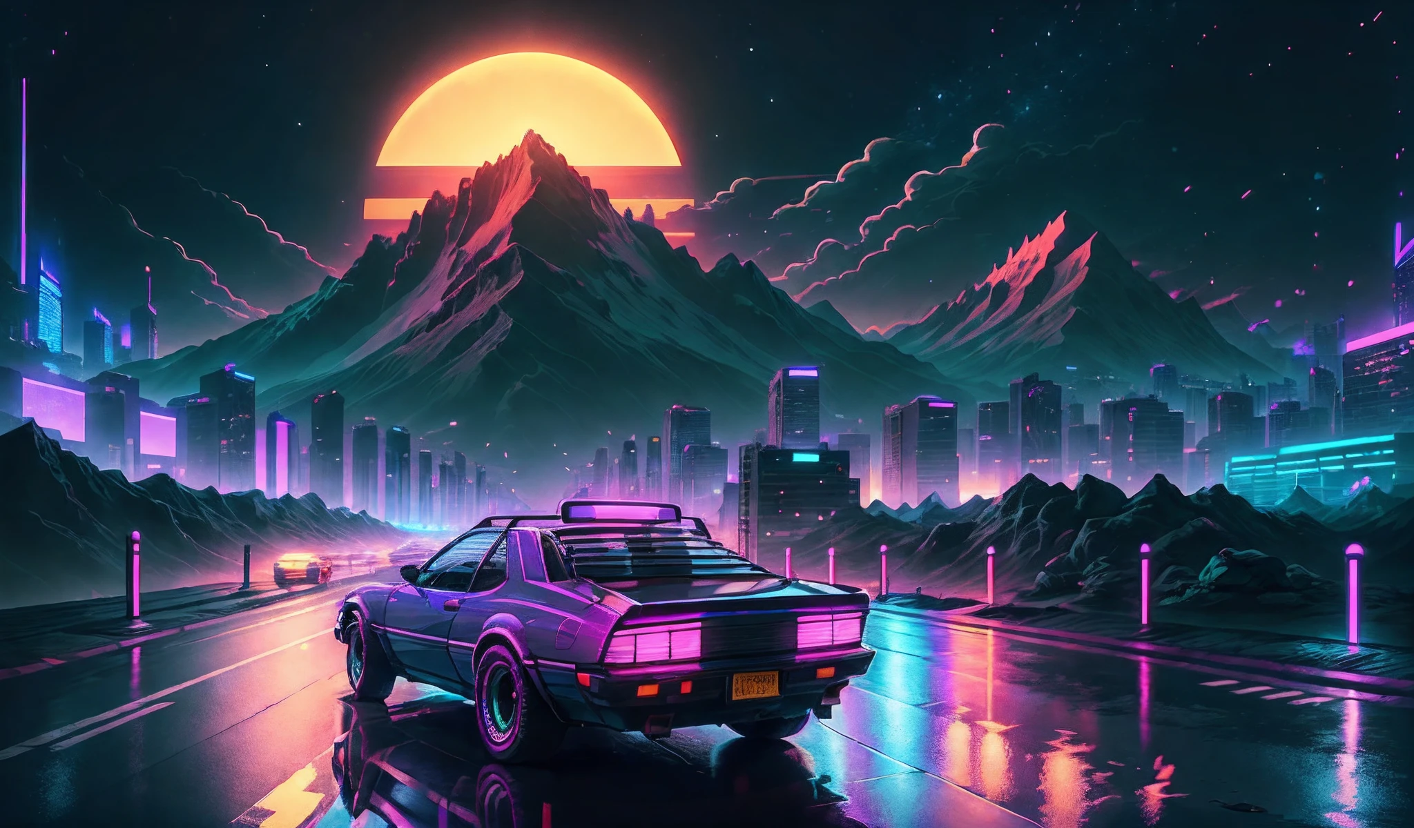 retrowave. city, car, road,  purple neon lights, sun, mountain, 
(masterpiece,detailed,highres),