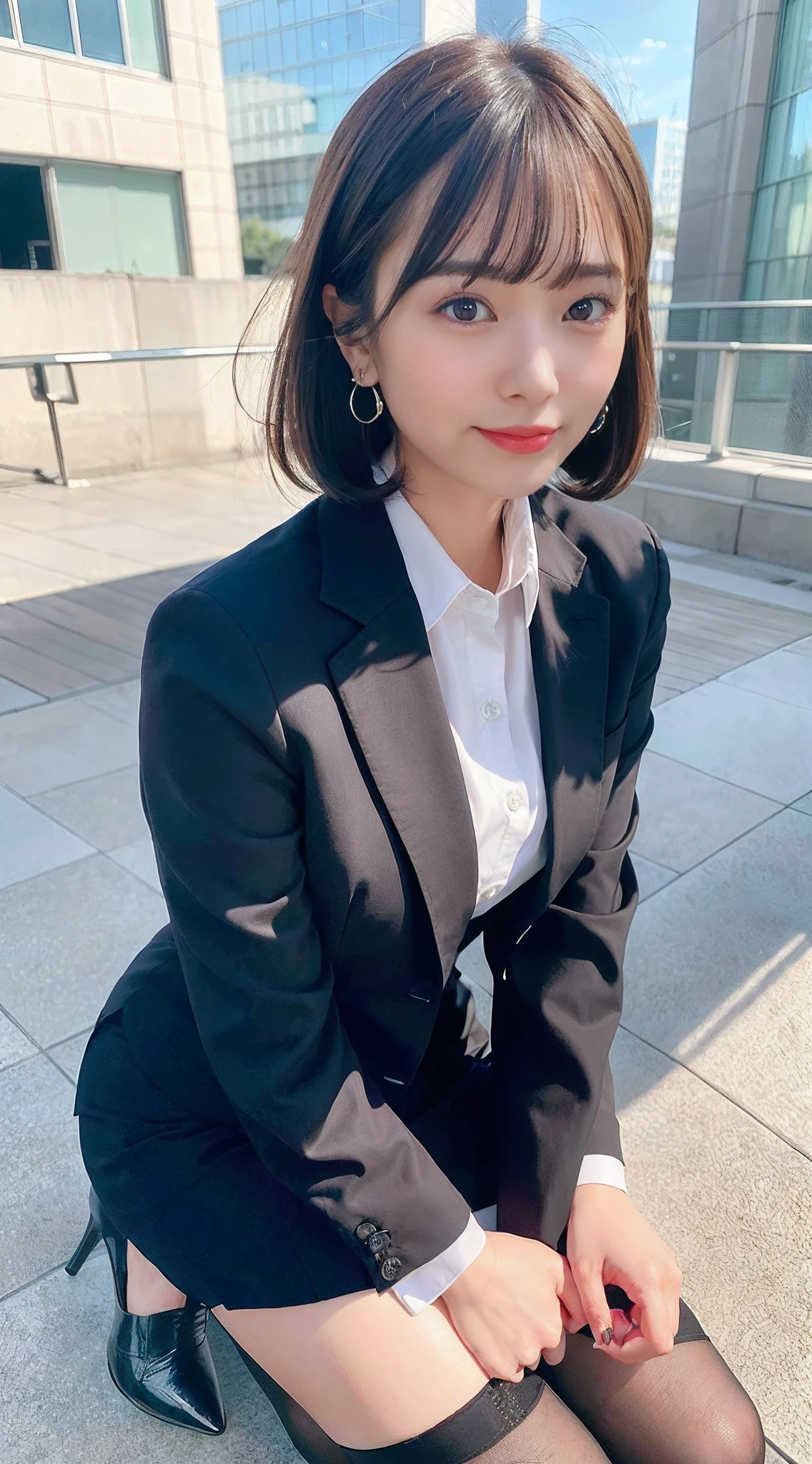 High resolution、Photorealistic、Hyperrealism、Slender body、Realistic、Beautiful Japanese Women、Black-haired、Medium Bob Hair、bangs、Detailed face、Detailed lips、Beautiful Eyes、Glowing Skin、one person、Ideal beauty、Big Breasts、(The backdrop seen by the audience on stage at the show)、((((Sit on the stage floor, Look down, Close ~ eyes, sleep, Unconscious、Spread your legs、Showing panties、Clothing)))), (((((Black Business Skirt, Black Business Jacket, White Business Shirt))))), ((Cowboy Shot, From below))