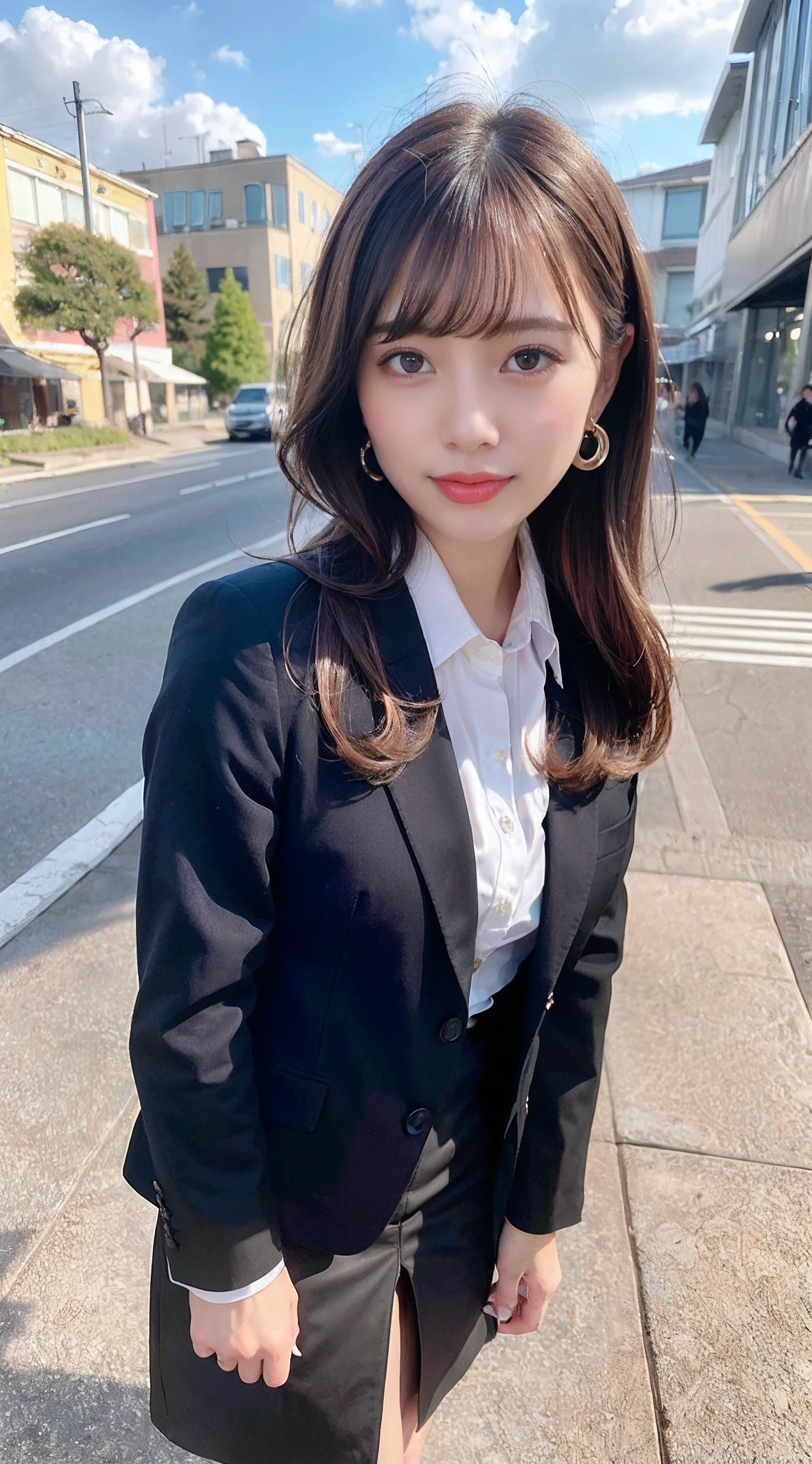 best quality, masterpiece, 1girl, Beautiful face, (photo realistic:1.3), rim lighting, (high detailed skin:1.2), 8k uhd, dslr, high quality, high resolution, 4k, 8k, Bokeh, absurdres, best ratio four finger and one thumb, (realistic:1.3), cute 1girl, wearing black formal blazer, medium breasts, short skirt,