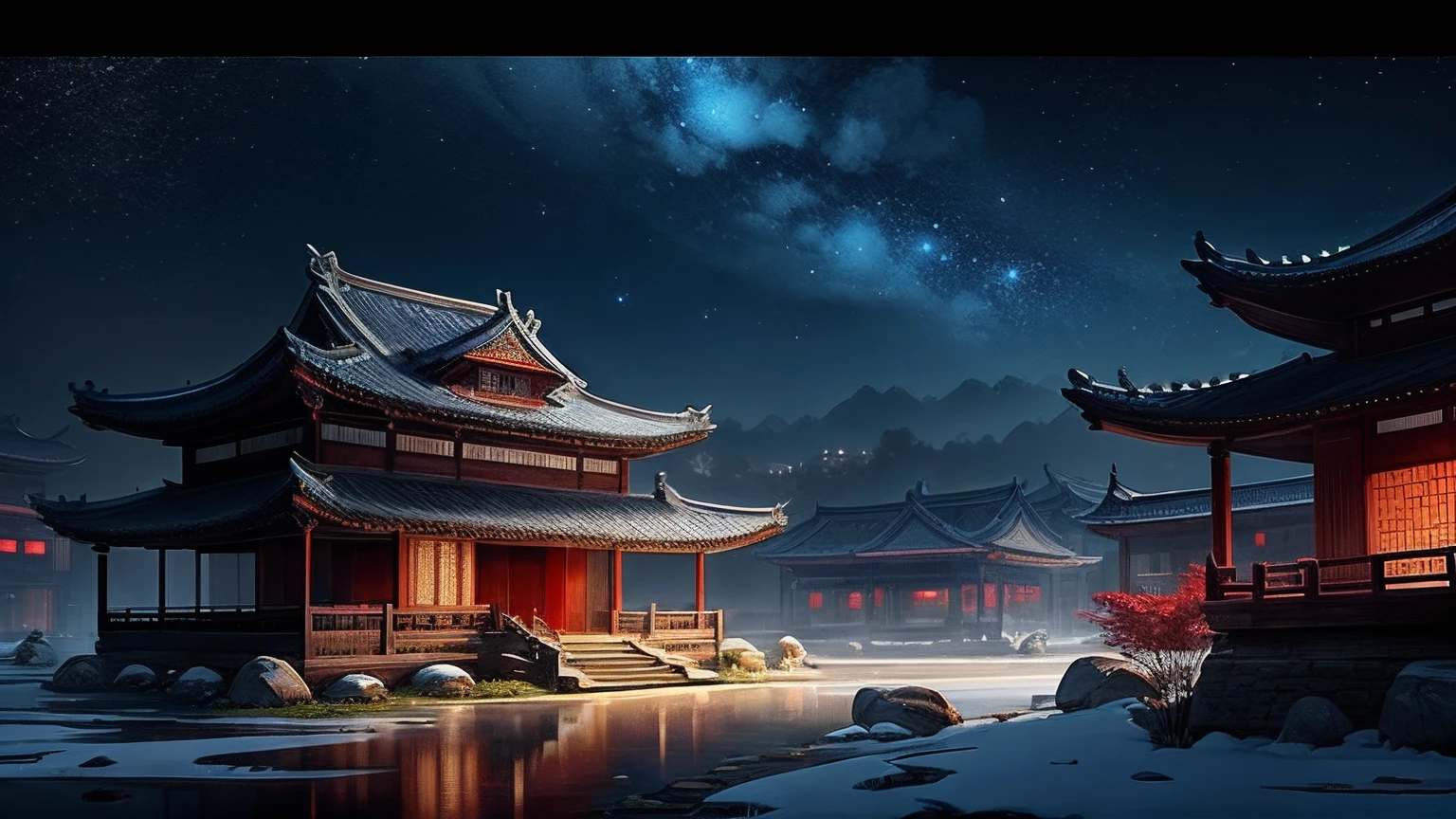 Rendering in surreal CG ancient China，Jiangnan ancient buildings and ancient towns have Yaolin wonderland。the night，The stars are bright，The smoke is fascinating，Maple leaves and milk leaves are trees。snow landscape。k hd