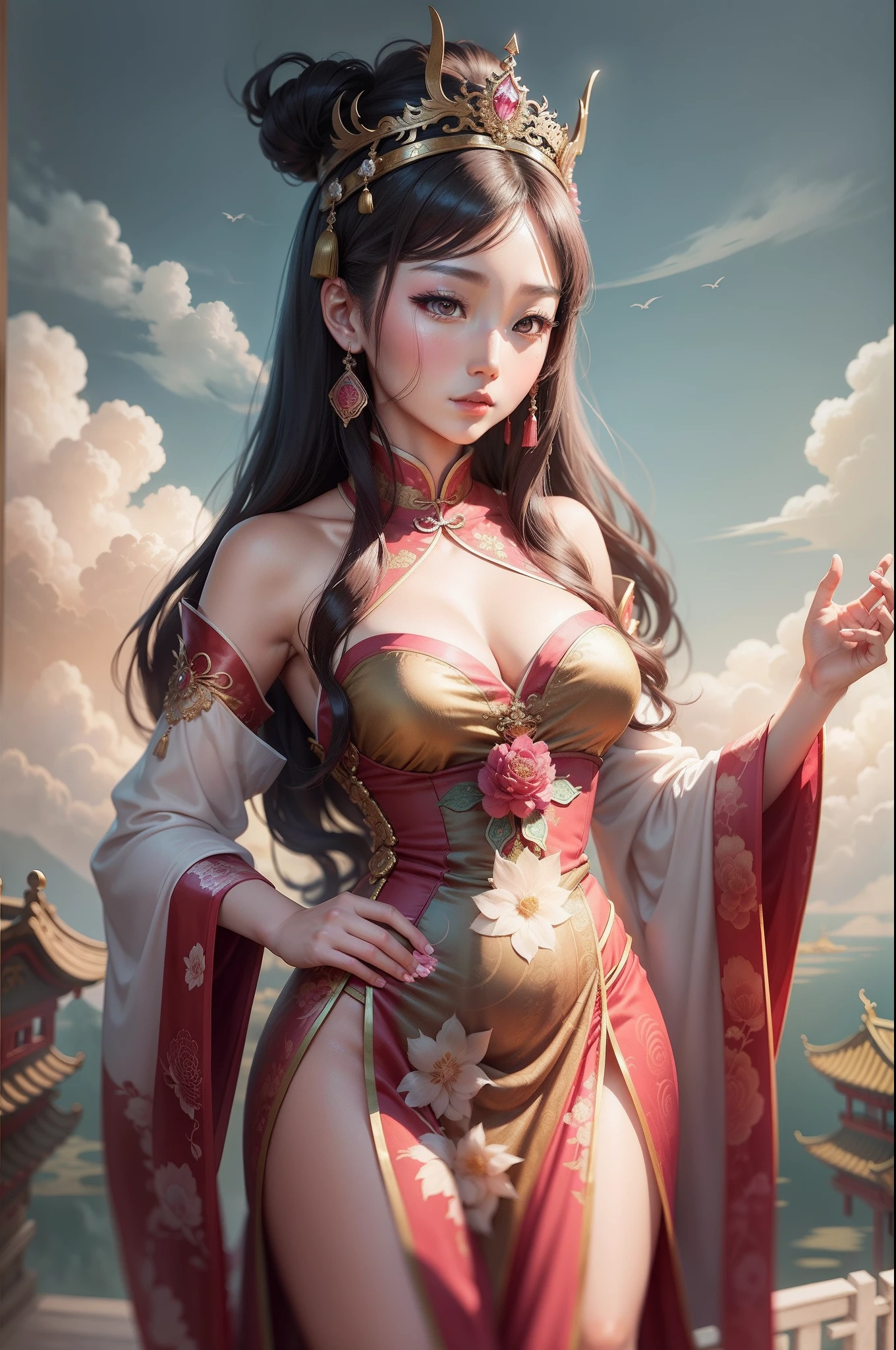 A woman in a pink dress stands in the clouds, Princesa chinesa antiga, China Princess, an ancient Chinese goddess, Chinese fantasy, Palace , A girl in Hanfu, dreamland of chinese, chinese empress, ancient china art style, Chinese mythology, Wearing ancient Chinese clothes, Chinese style painting, a beautiful fantasy empress, ancient chinese beauti