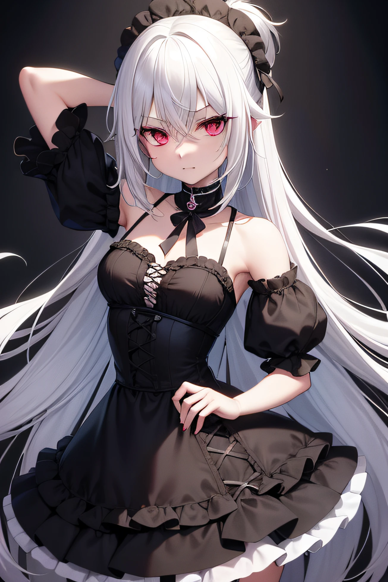 1girl，solo，bikini,friled bikini，Hair rings,Half updo，Iceberg Beauty,1girl,red eyes,long hair,hime_cut,{hair in takes},medium breasts,white hair,silver_hair，