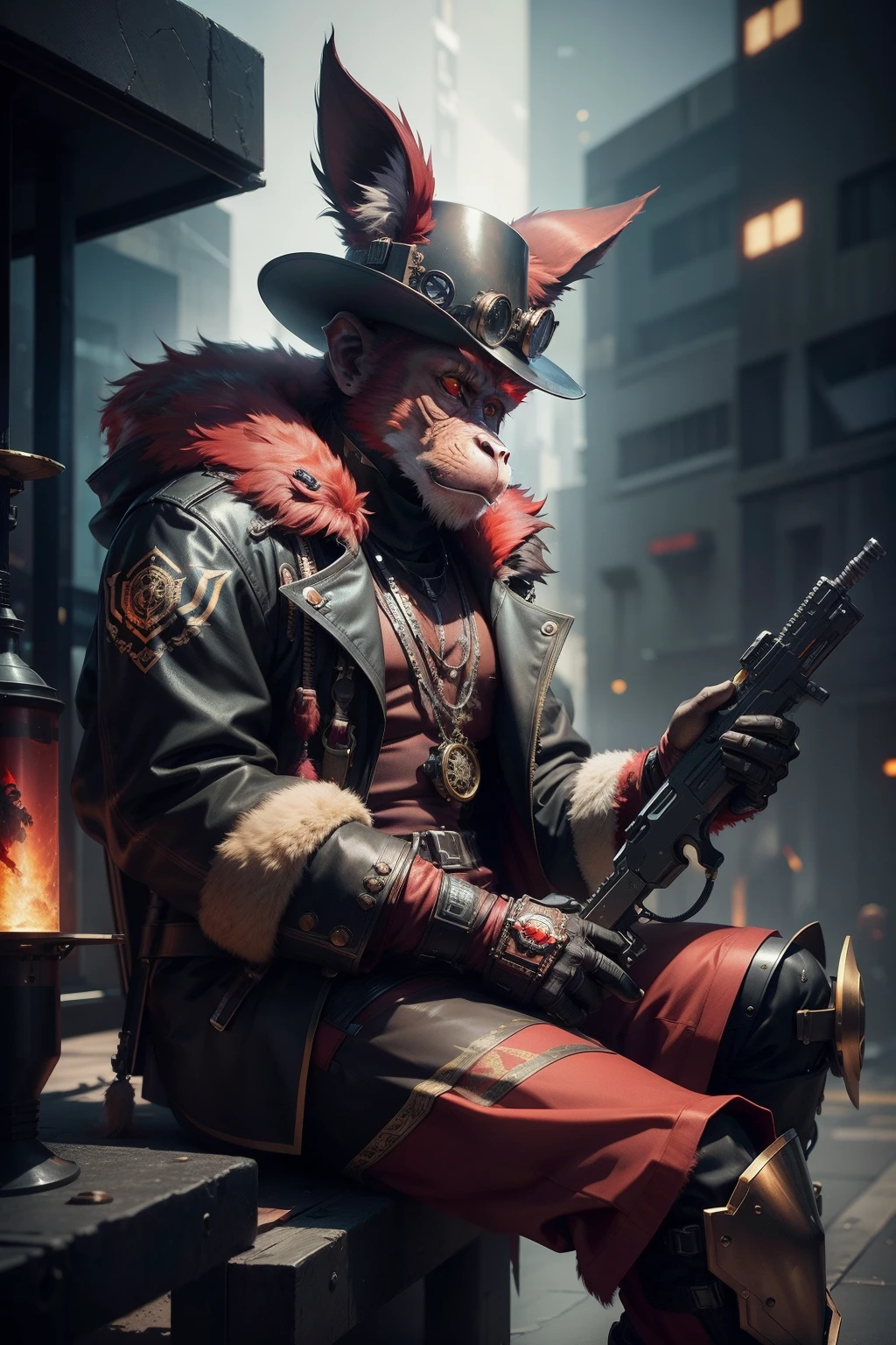 monkey, augmented, metal_body, beautiful_colours, cinematic_background, cinematic_lighting, high_res, red_fur, weapon, sitting_down, fancy_hat, full_body_augmented,steampunk style,mecha