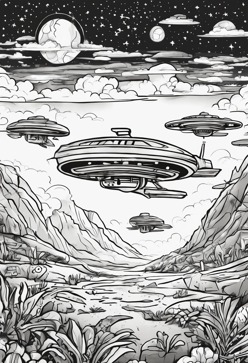 drawing for coloring, no color, ufo in space, cartoon style, black and white, few details, no shading, no color, white background