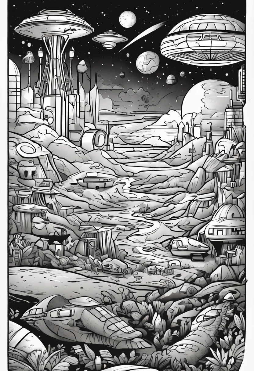 drawing for coloring, no color, ufo in space, cartoon style, black and white, few details, no shading, no color, white background