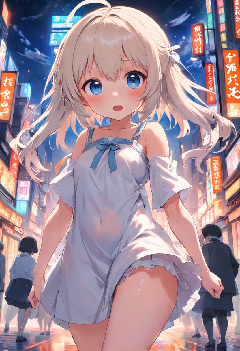 Cute loli,Barefoot,Tummy down,head looking up,Raise your feet,shift dresses,white panties,largeeyes,Anime cute face,