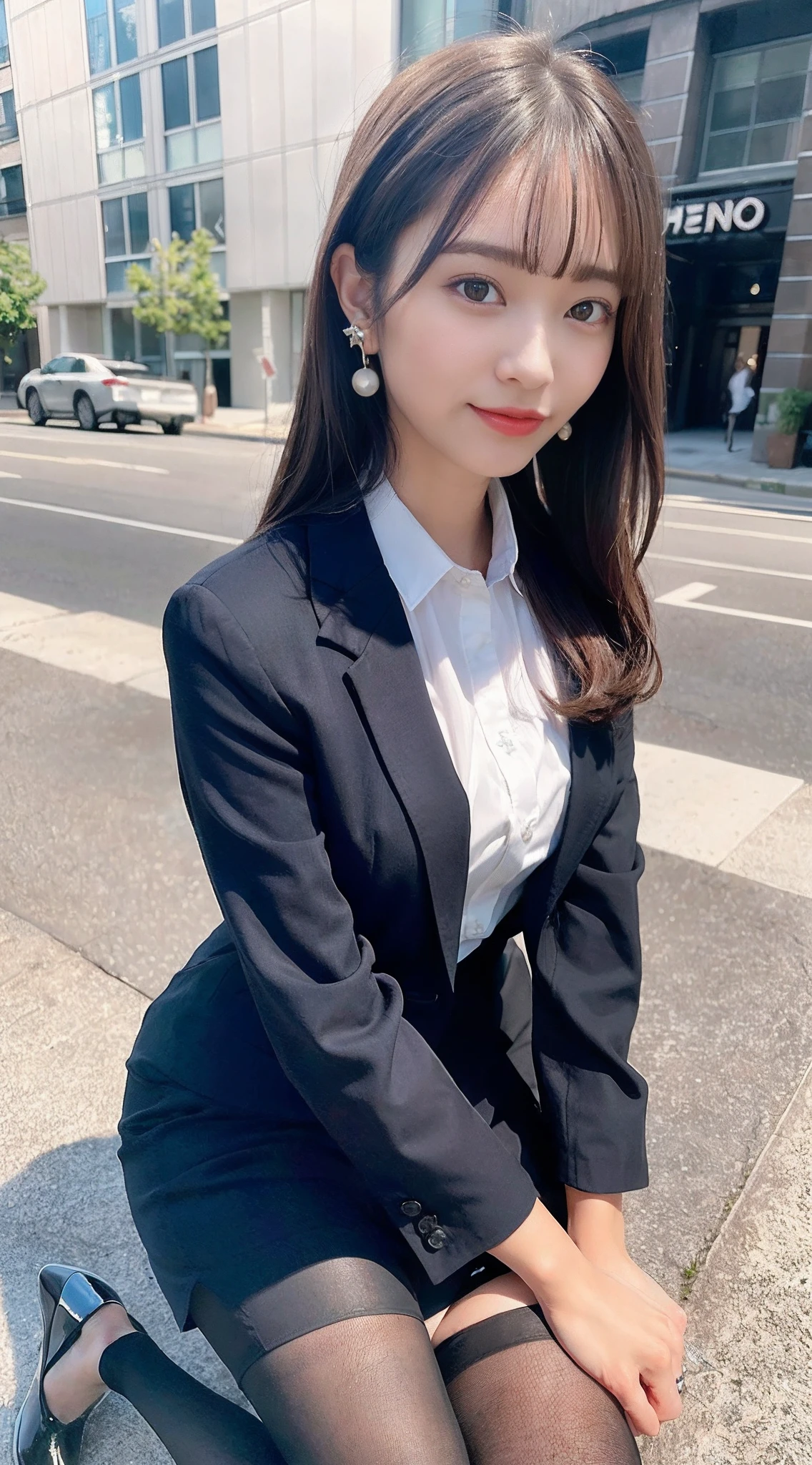 (8k, Best Quality, Masterpiece:1.2), (Realistic, Photorealistic:1.37), Ultra Detail, 1 Girl, Full Body, Outdoor, (Adjusted Hair:1.5) Office Lady, Black Office Blazer, Office Skirt, (pantyhose: 1.2), (short button-down shirt: 1.2), button-up collar prim, button-down collar prim, bra, (pantyhose: 1.2), alpha layer, high heels, beautiful earrings, cute, solo, beautiful detailed sky, (smile: 1.15), (closed mouth), small breasts, beautiful detailed eyes, business attire, (short hair: 1.2), floating hair NovaFrogStyle,