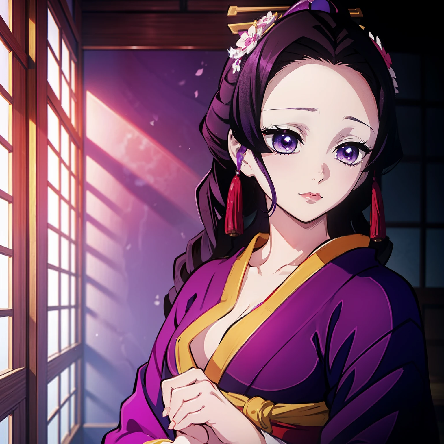 "Kimetsu no Yaiba style, portrays a single geisha girl in a splendid kimono, radiating beauty and elegance with beautiful light purple hair, capturing the essence of a graceful, self-effacing courtesan confident, passionate, flashy and full of energy."