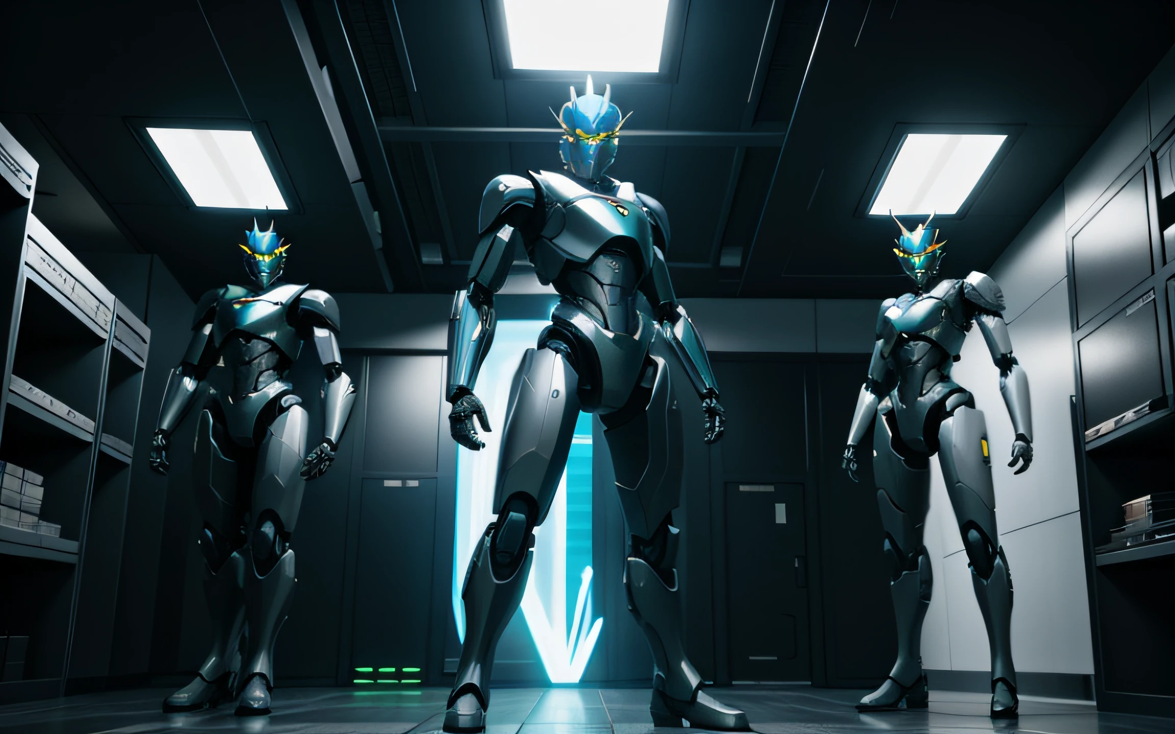 There are three robots standing in a room, Disparo de efectos visuales, Impresionantes efectos visuales, sci-fi cinematic movie still, 8 k movie still, dramatic sci-fi movie still, from a 2 0 1 9 sci fi 8 k movie, vfx action shot, movie still of a cool cyborg, Estilo Fantasy 8 K Octano Render, Science fiction film