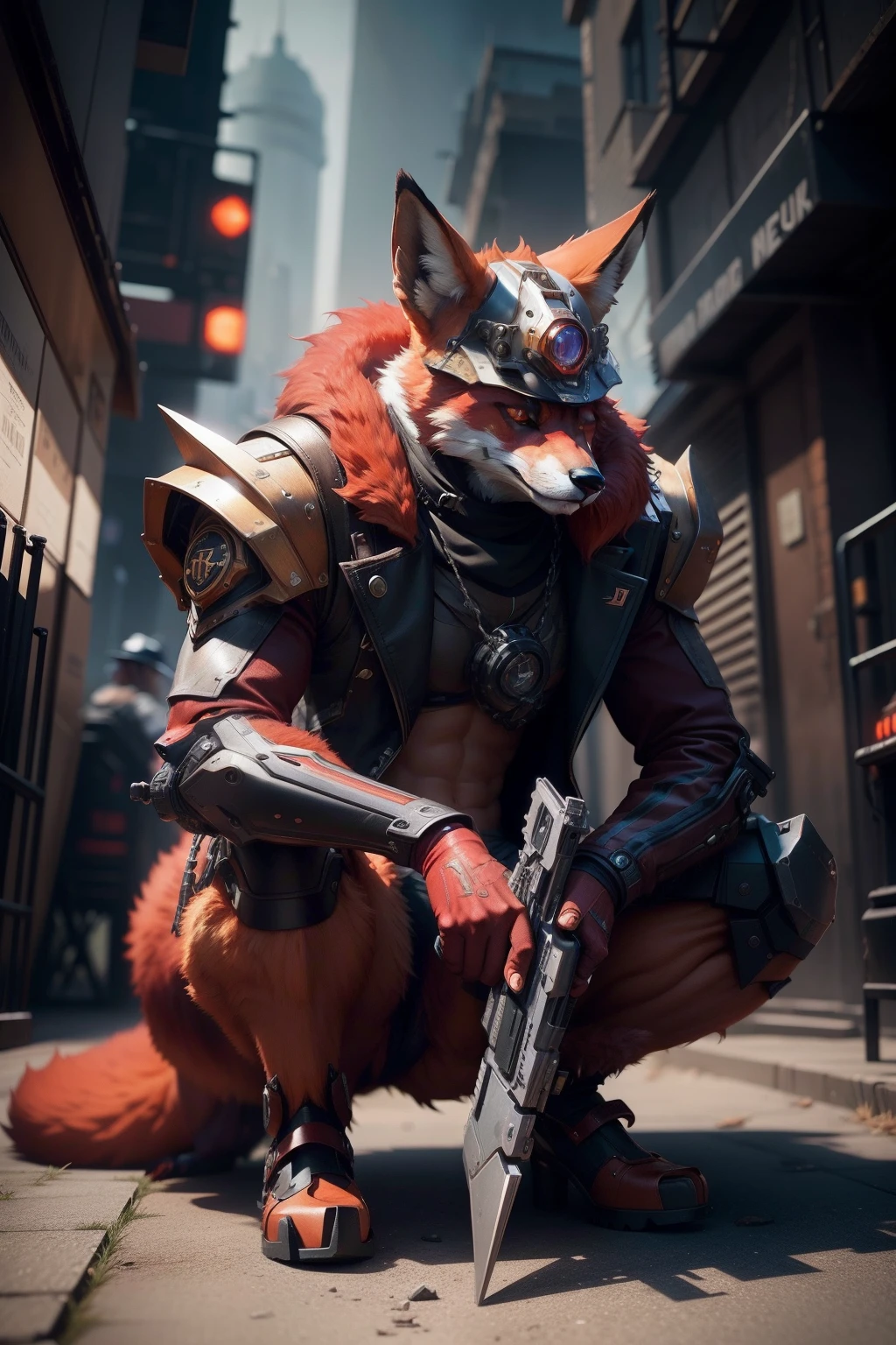 fox, augmented, metal_body, beautiful_colours, cinematic_background, cinematic_lighting, high_res, red_fur, weapon, sitting_down, fancy_hat, full_body_augmented,steampunk style,mecha