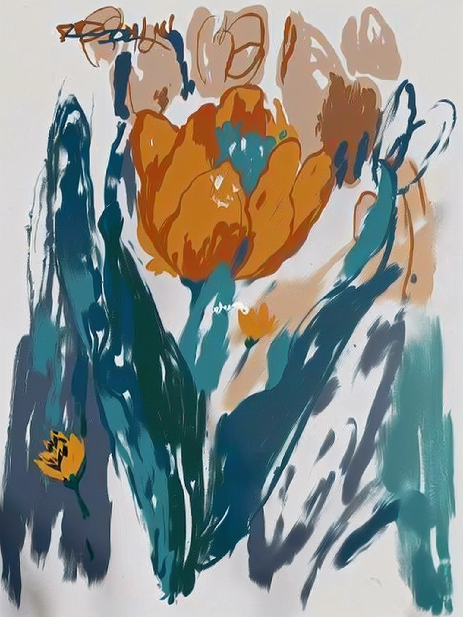 Close-up of a painting of a flower with a butterfly, smeared flowers, coloured in teal and orange, Teal and orange, Inspired by Floris Van Dyck, tulip, inspired by Hyman Bloom, inspired by Josef Mánes, Inspired by Etienne Aubrey, Inspired by Elaine de Kooning, inspired by Anna Boch