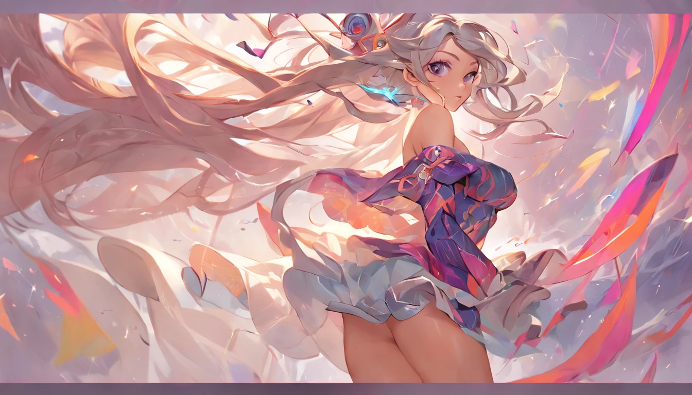 style of league of legends,Woman in off-the-shoulder clothing,Flying life-size colorful long hair,Serious expressions,complex clothing,Beautiful patterns are engraved on the clothes,Fair thighs exposed,Wear White Tights,The long skirt swayed in the wind,