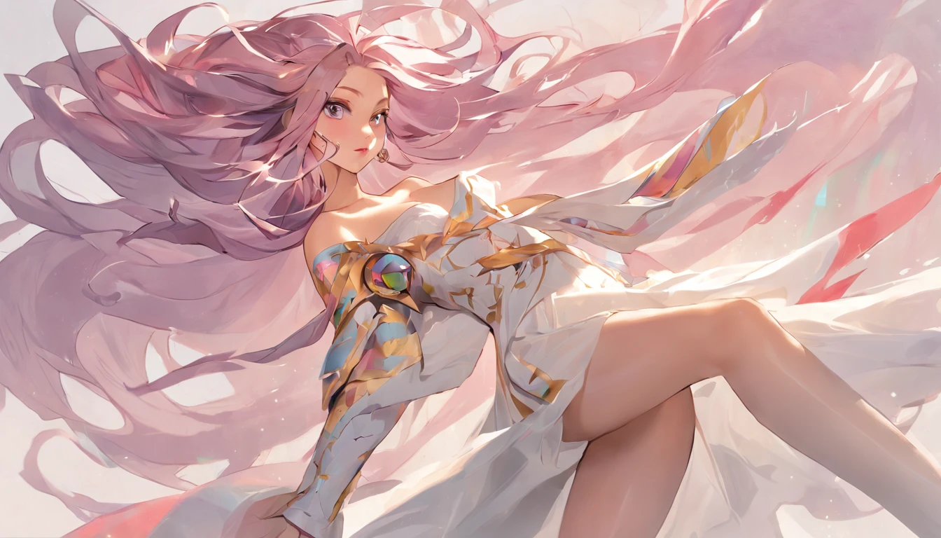style of league of legends,Woman in off-the-shoulder clothing,Flying life-size colorful long hair,Serious expressions,complex clothing,Beautiful patterns are engraved on the clothes,Fair thighs exposed,Wear White Tights,The long skirt swayed in the wind,