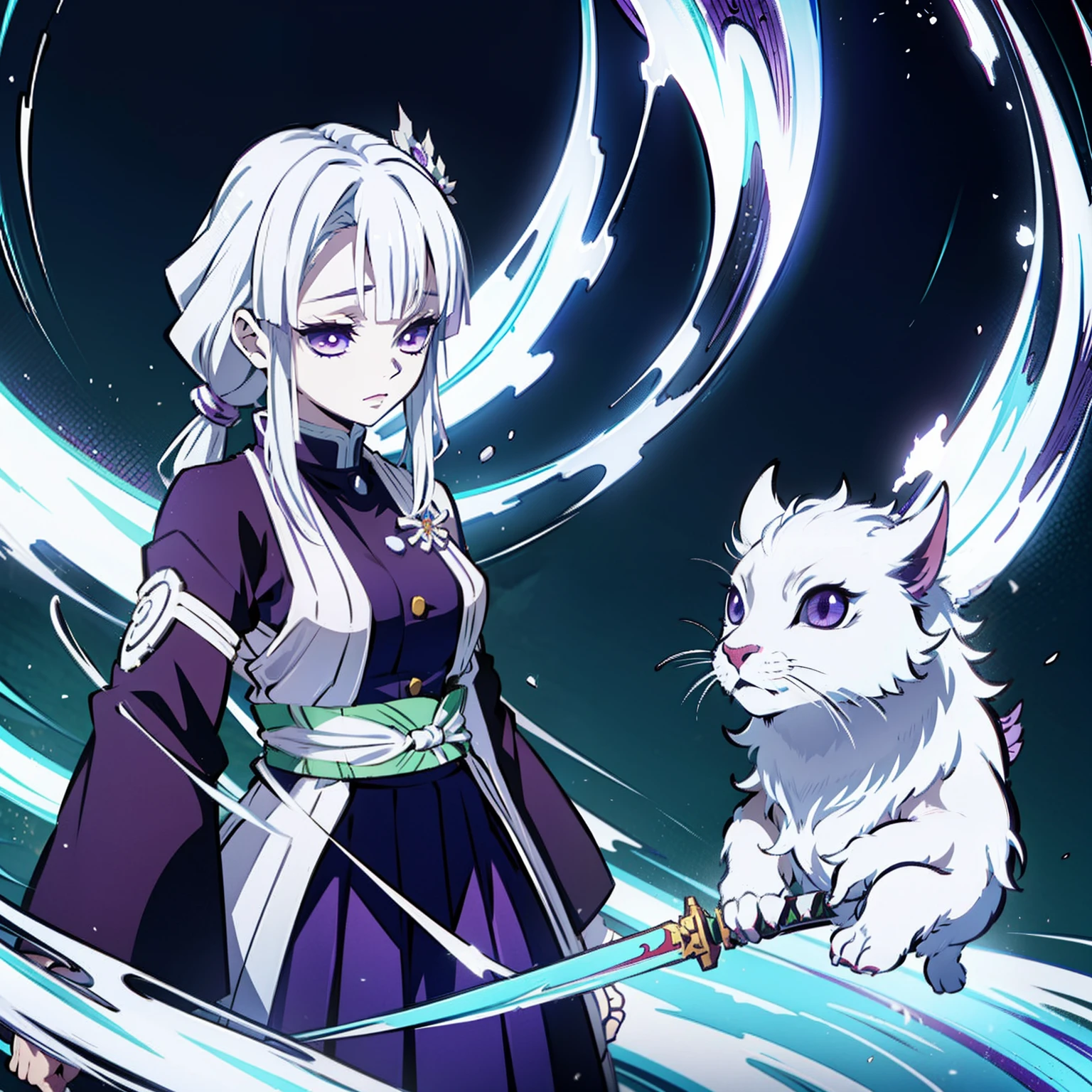Kimetsu no Yaiba style, 1 girl, a hashira, pretty, white hair, gentle, elegant, calm, noble, Pillar Demon Slayer, wearing demon slayer uniform, holding a purple demon slayer sword