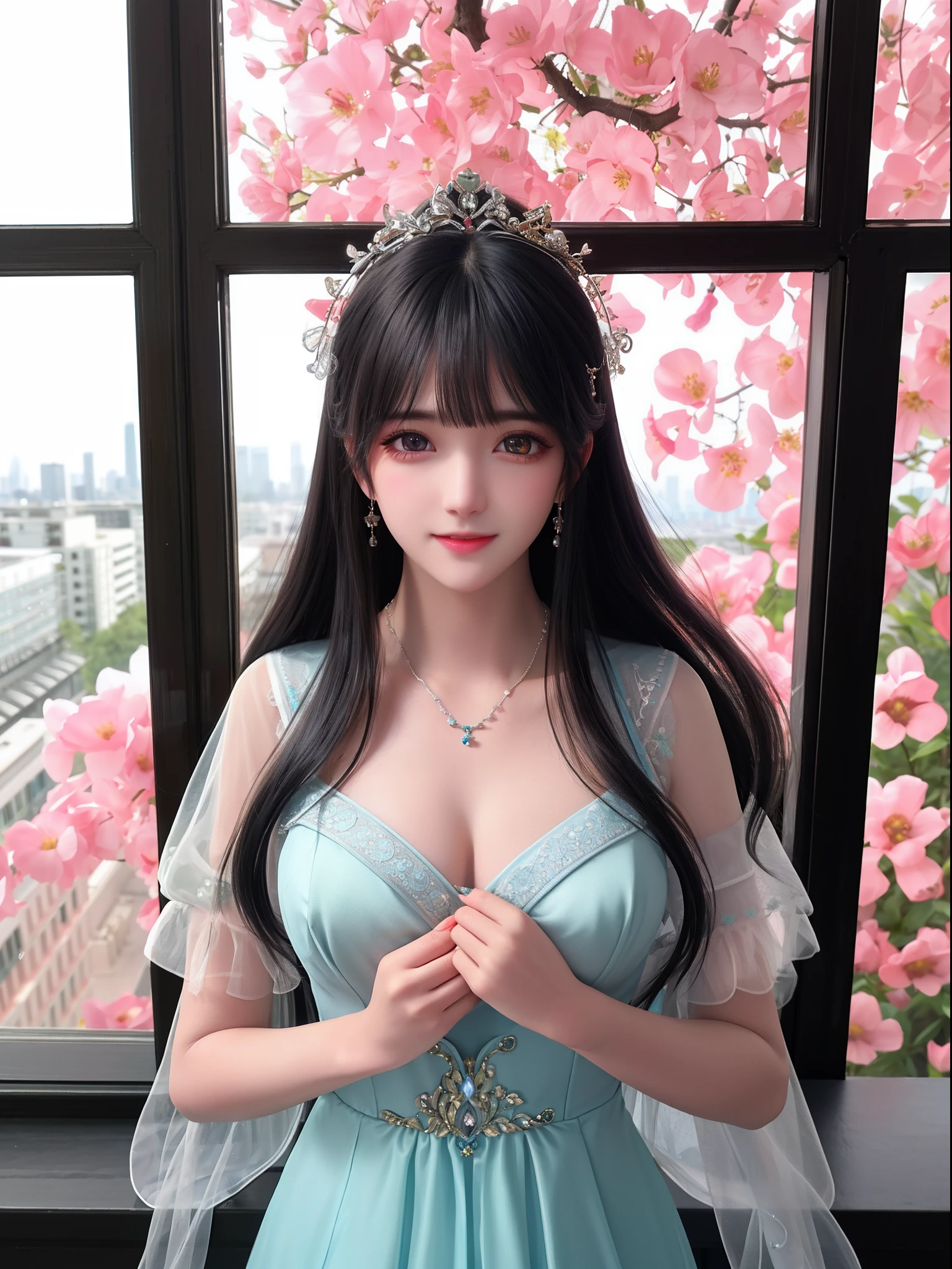 Vulgarity,1 girl, long hair, bright hair color, enchanting eyes, mysterious expression, mature look, attractive dress, flowing dress, elegant jewelry, intricate decoration, magic symbol, glowing accessories, Portion, scroll, cute accent, bow, ribbon, flowers,