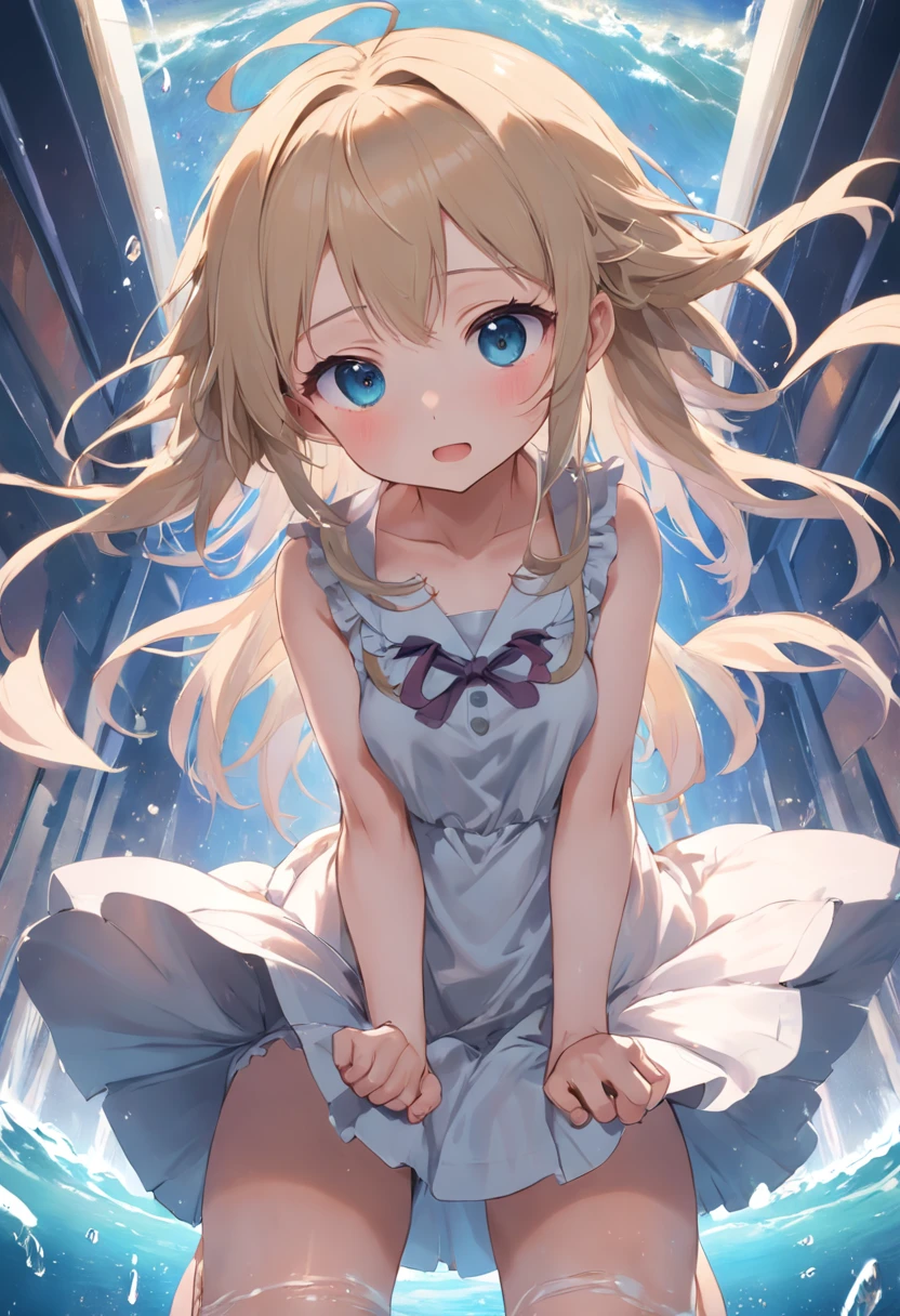 Cute loli,Barefoot,Tummy down,head looking up,Raise your feet,shift dresses,white panties,largeeyes,Anime cute face,looking at book,Wet da