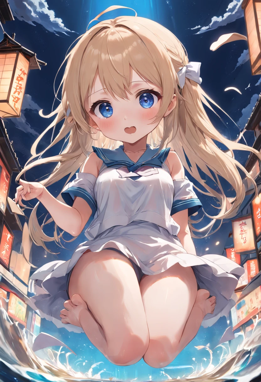 Cute ，Barefoot，Tummy down，head looking up，Raise your feet，shift dresses，white  panties，largeeyes，Anime cute face，looking at book，Wet da