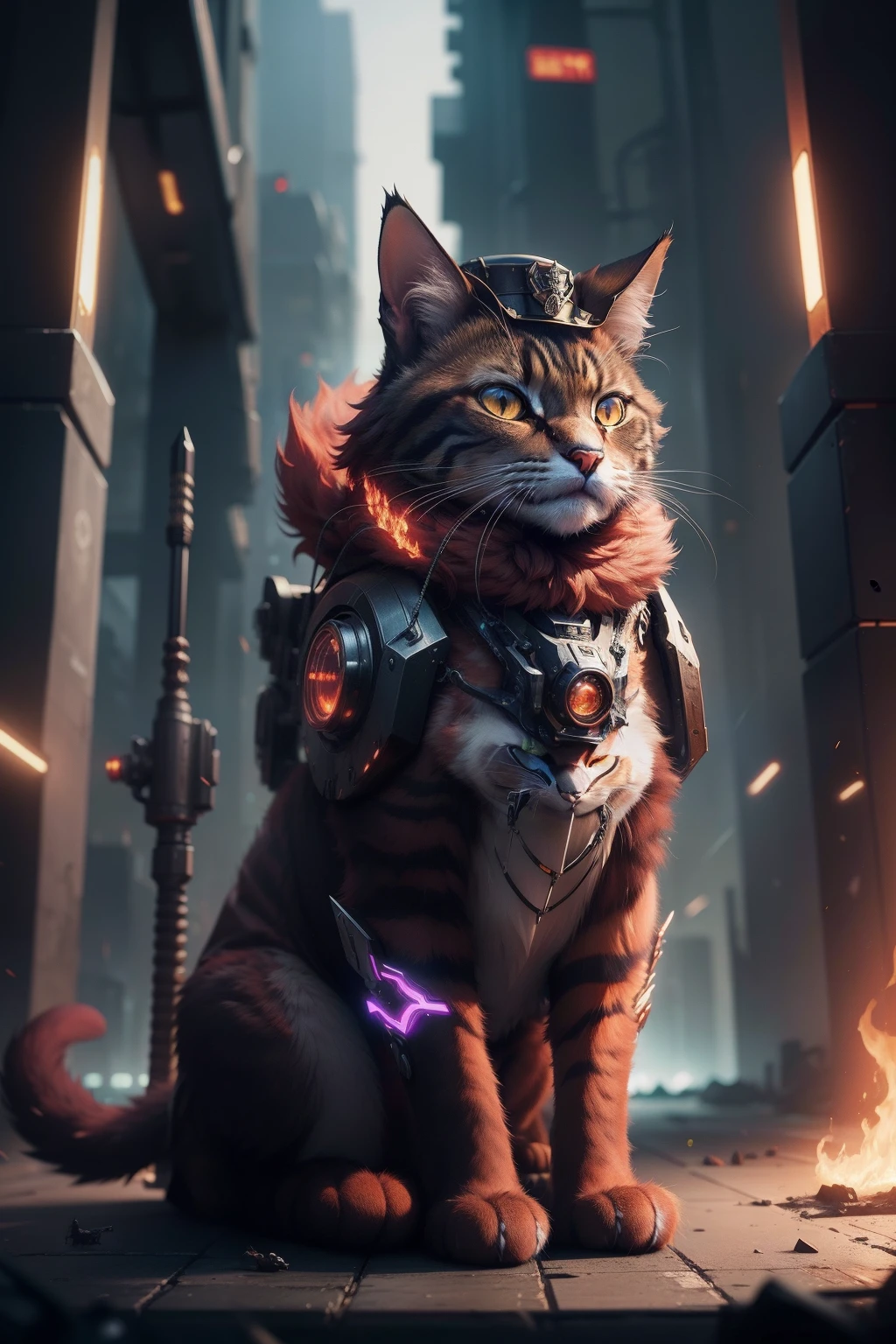 cat, augmented, metal_body, beautiful_colours, cinematic_background, cinematic_lighting, high_res, red_fur, weapon, sitting_down, fancy_hat, full_body_augmented,steampunk style,mecha