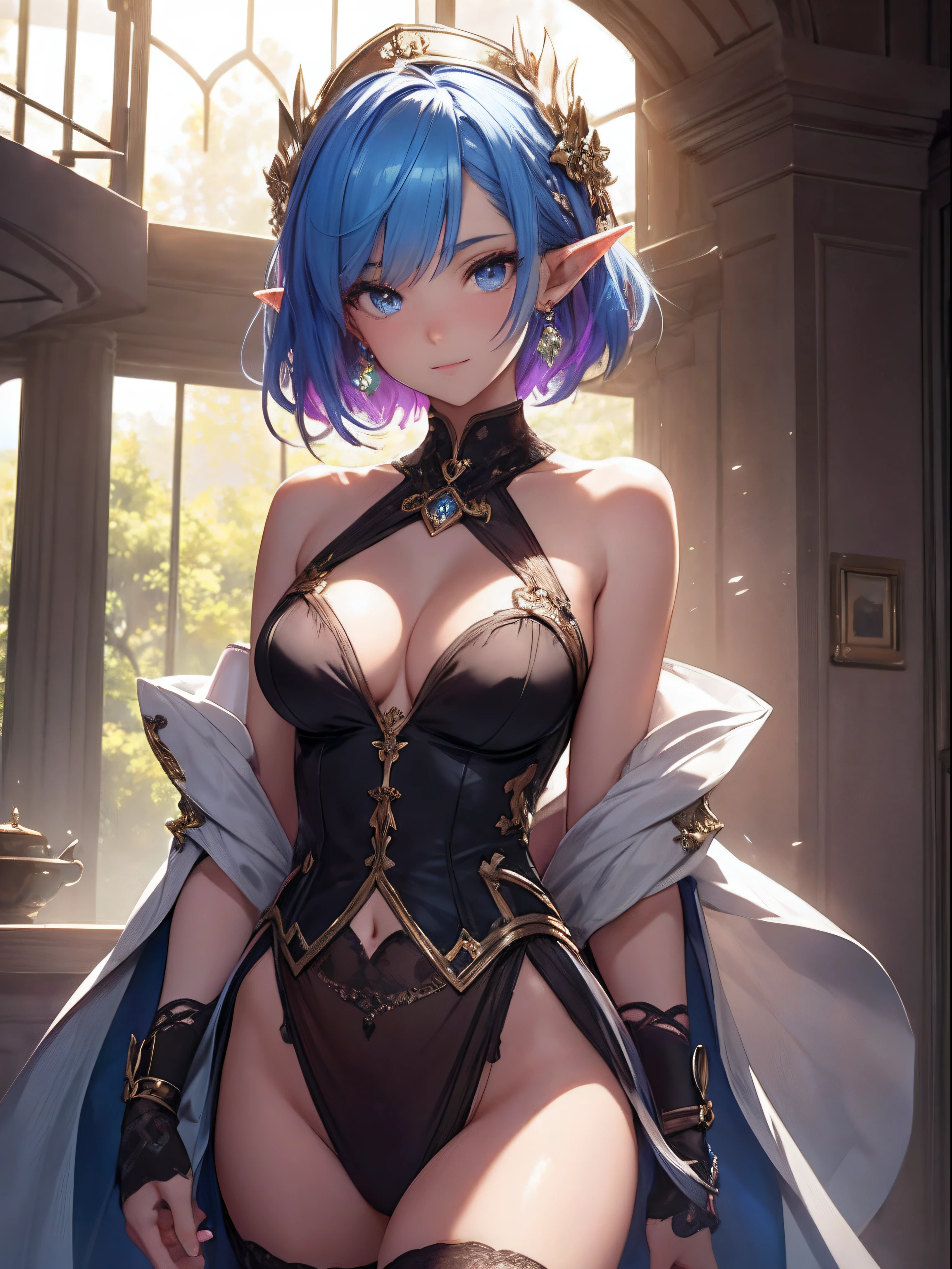 Cute elf girl,short detailed hair,Exquisite Hair,Colored inner hair,Pick and dye your hair,Colorful hair,With Ultra HD details,Professional lighting and lighting。Tall and tall,Sexy clothes,Stockings,Delicate earrings,Delicate necklace,light breeze,Brighter scenes,More refined facial features,eyes with brightness,Light smile,anaglyph,tachi-e,Atmospheric perspective,High detail backlight,Chiaroscuro,full bloom,Ray trajectories,Perspective top-down,super detailing、acurate、best qualityer、Textured epidermis、Anatomically correct