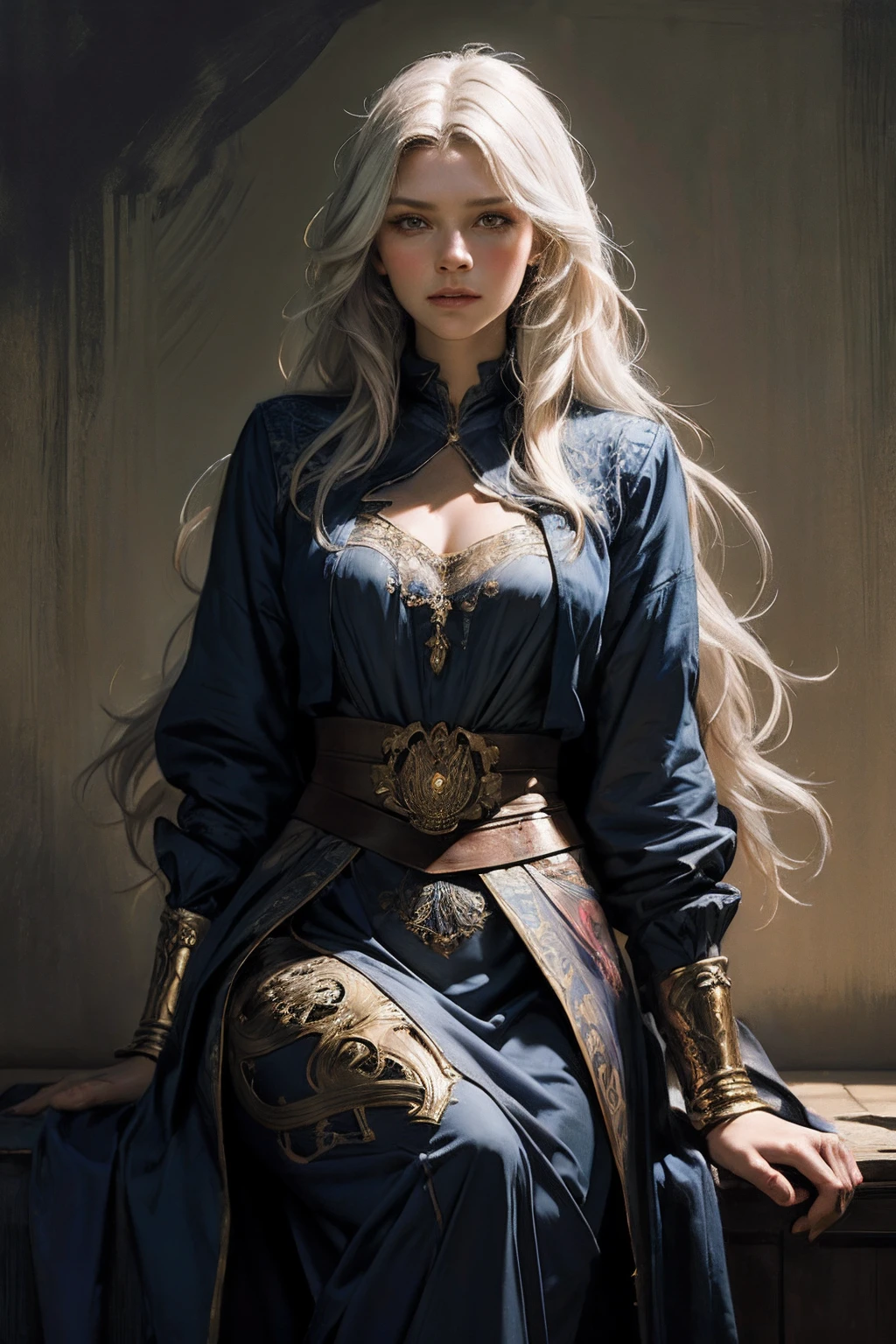 Hyperrealist portrait of female by david hockney and alphonse mucha,fantasy art, photo realistic, dynamic lighting, artstation, poster, volumetric lighting, very detailed faces, 4 k, award winning,, 1girl, in the dark, deep shadow, low key,cowboy shot,(official clothing:1.4) ,long hair,white hair,