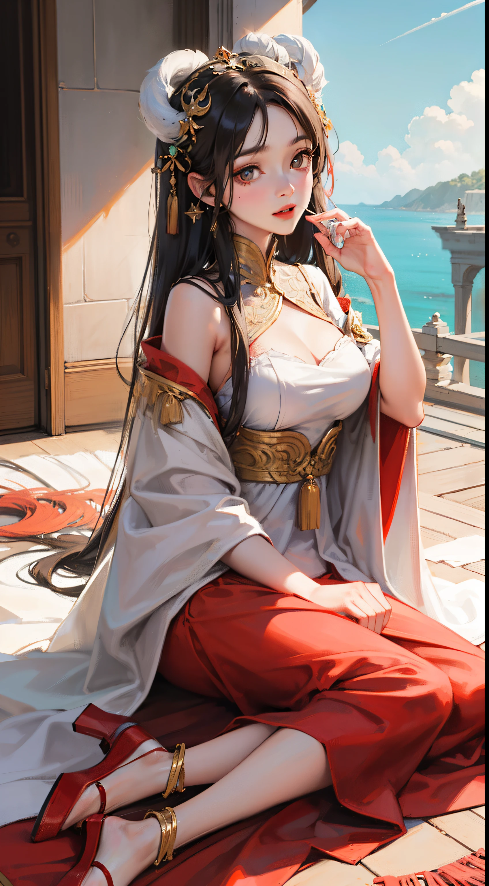 (highly detailed CG，Exquisite and rich：1.2)，The nine-tailed fox Sudaji，Dress conservatively，Sit in the middle of the palace，Brilliant and brilliant，