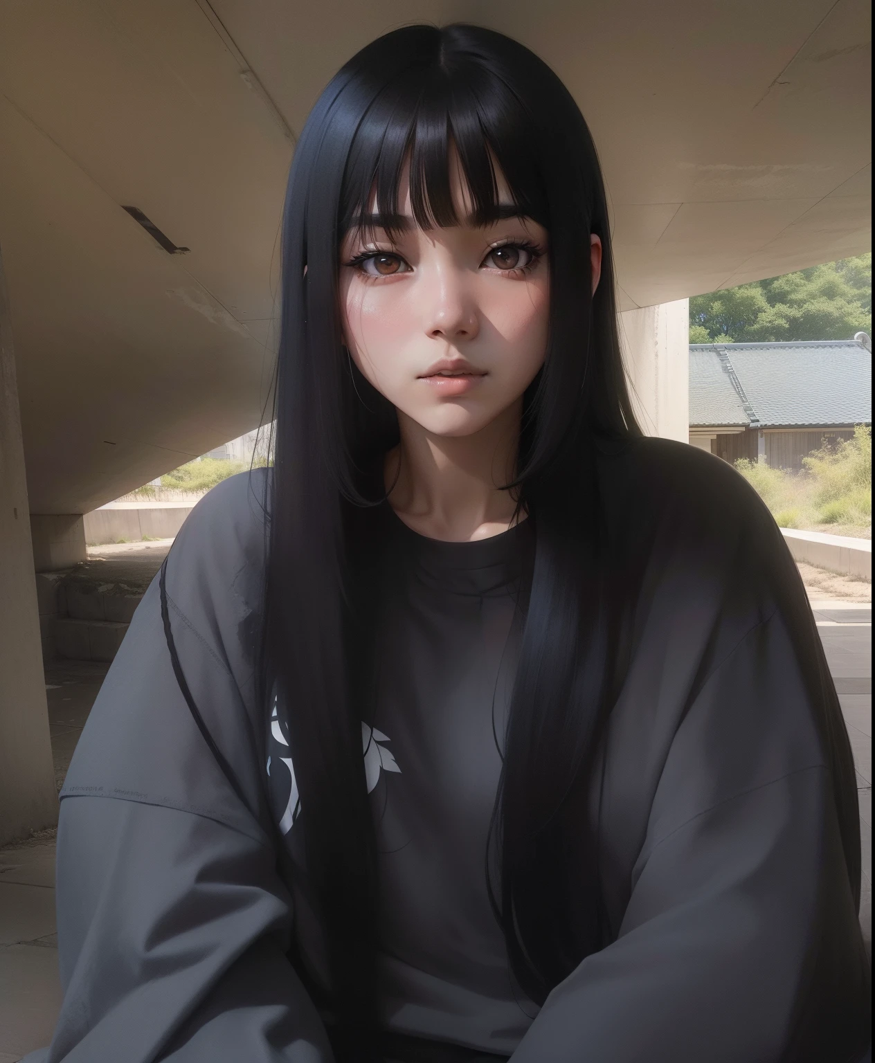 arafed woman with long black hair sitting in a concrete structure, a picture inspired by Miwa Komatsu, tumblr, shin hanga, black hime cut hair, sui ishida with black hair, with straight black hair, she has black hair with bangs, the hime cut, with long hair, chiho, portrait of a japanese , with long black hair