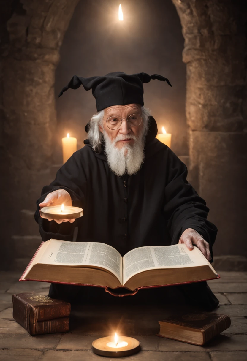 An elderly wizard in black robes raised his hands, A circle of magical books was scattered across the floor, Magic books and candles are placed around, Seven mirrors at different angles directly above, Imagem sombria, Visions, profundidade de campo, deus luz, filmgrain, optical illusion, Vinhetas, Renascimento, Pre-Raphaelite Brotherhood, Detalhes altos,Sombra traseira