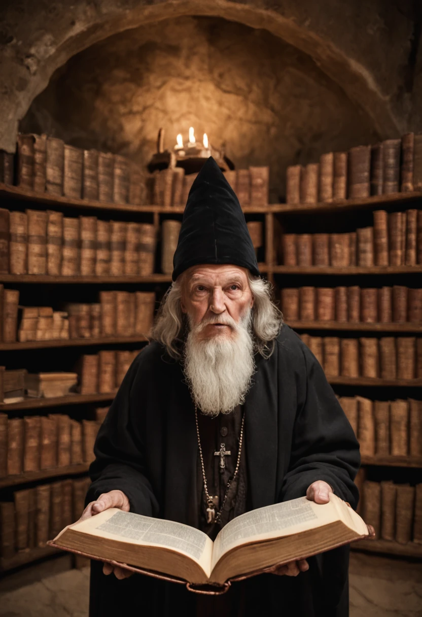 An elderly wizard in black robes raised his hands, A circle of magical books was scattered across the floor, Magic books and candles are placed around, Seven mirrors at different angles directly above, Imagem sombria, Visions, profundidade de campo, deus luz, filmgrain, optical illusion, Vinhetas, Renascimento, Pre-Raphaelite Brotherhood, Detalhes altos,Sombra traseira