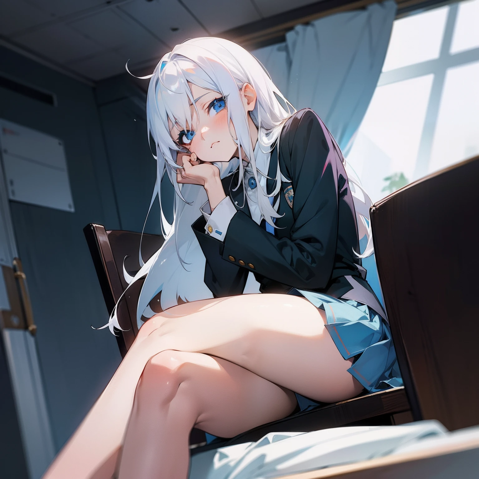 Anime girl with white hair blue eyes crossing her legs on a chair wearing a school uniform resting her hand on chin looking sad