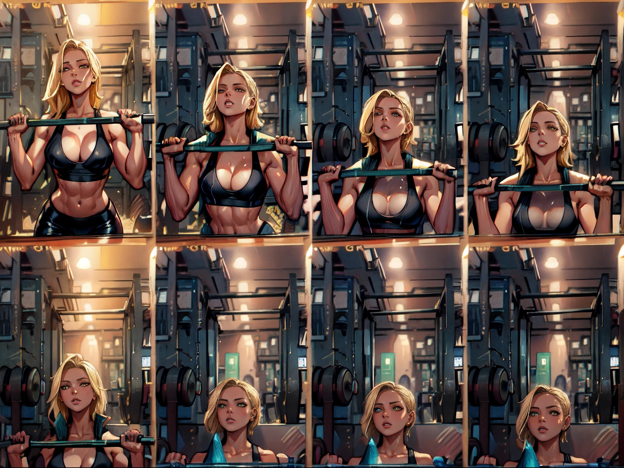 a set of nine different poses of a hot woman, unparalleled masterpiece, ultra realistic 8k CG, perfect artwork, (1girl:1.1) , solo, ((perfect female figure)), (nsfw), looking at viewer, mature female, (teasing), best quality:1.1 , seductive posture, sexy pose, alluring, (beautiful), (curvy), (thick), blonde hair, (yellow eyes:1.2), short hair, earrings, jewelry, denim vest, open vest, black pantyhose, black shirt, denim shorts, striped long sleeves, toned legs, fit, (abs:1.1), (big butt:1.4), peach ass, (athletic body:1.2), (small breasts:1.3, (medium_breasts:1.1), wide_hips:1.5, narrow waist, small waist:1.5, slender body:1.2, thick thighs:1.3), (shiny skin:1.2), (hdr), (street:1.2), Nikon D850 film stock photograph Kodak Portra 400 camera f1.6 lens, rich colors, lifelike texture, dramatic lighting, unreal engine, trending on ArtStation, by Gerald Brom, by Frank Frazetta, by Luis Royo, by Julie Bell, by Boris Vallejo, working out, black underwear, sexy, erotic, a set of nine different poses of a woman in a black outfit, set of high quality hd sprites, spritesheet, intricate, sprite sheet, blond character, fullbody pose, style mix of æon flux, erotic , vfx spritesheet!!!!! arafed woman in a black bikini doing a squat, working out, in a gym, android 18 at the gym, sweaty, gym, sweat, sport bra and shorts, musclar girl , sweaty 4 k, workout, bum, shoulders can be seen, flexing, sweating hard, tomboy, short hair blond girl, arafed image of a woman doing a barbell squat, working out, shoulders up, nicole aniston, nina agdal, gif, thrusters, workout, montage, seamless, toned, in a gym, alana fletcher, upper body!!, put on 1 0 0 pounds of muscle, six packs, lifting weights, well toned, fitness model, muscle definition, by front, look at viwer, beatifull face, ((front)), ((by front)), ((looking at viewer))