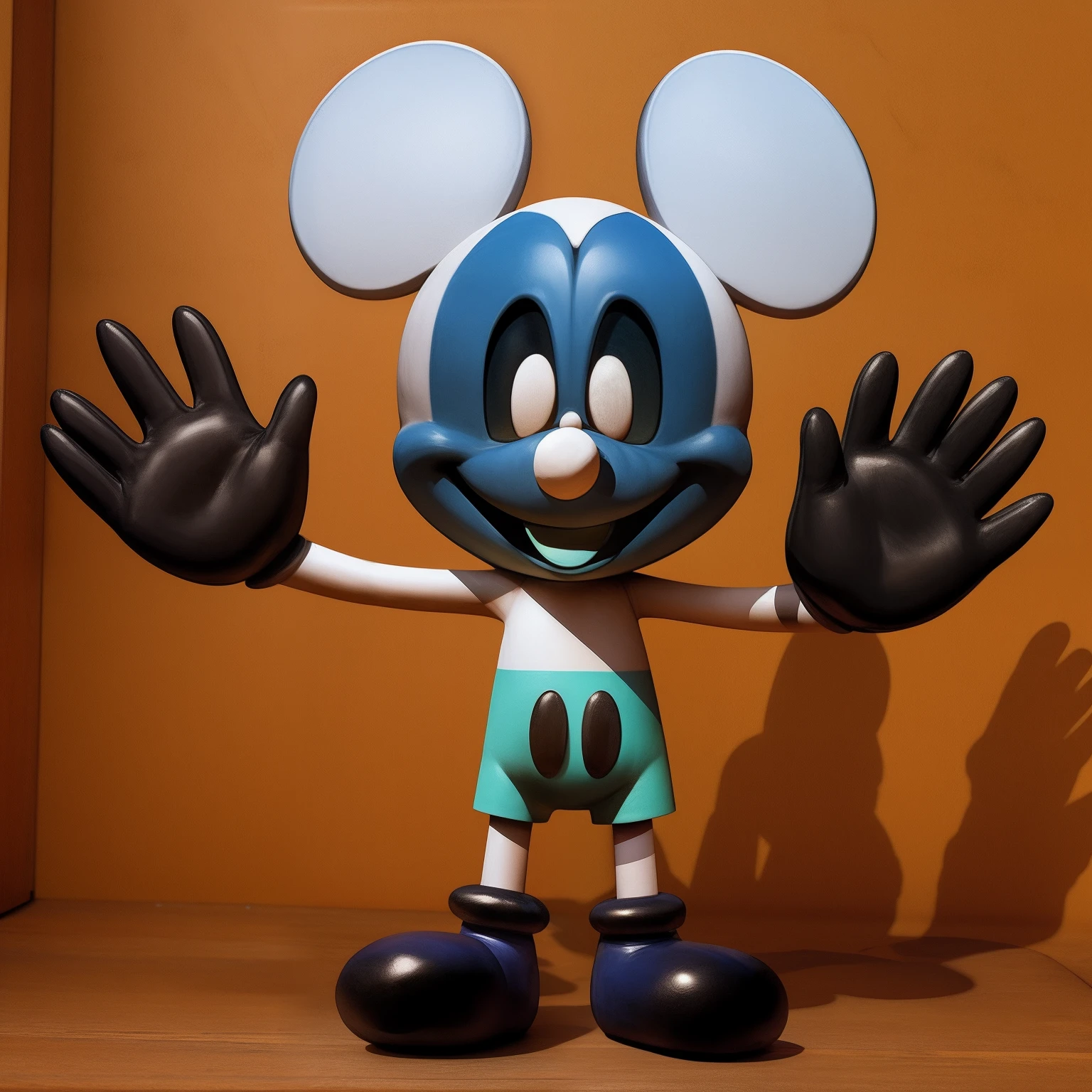 Mickey Mouse, black gloves, cyan tongue, black eyes with white pupils, open smile, staring at the viewer, real life plush, realistic, waving at the viewer