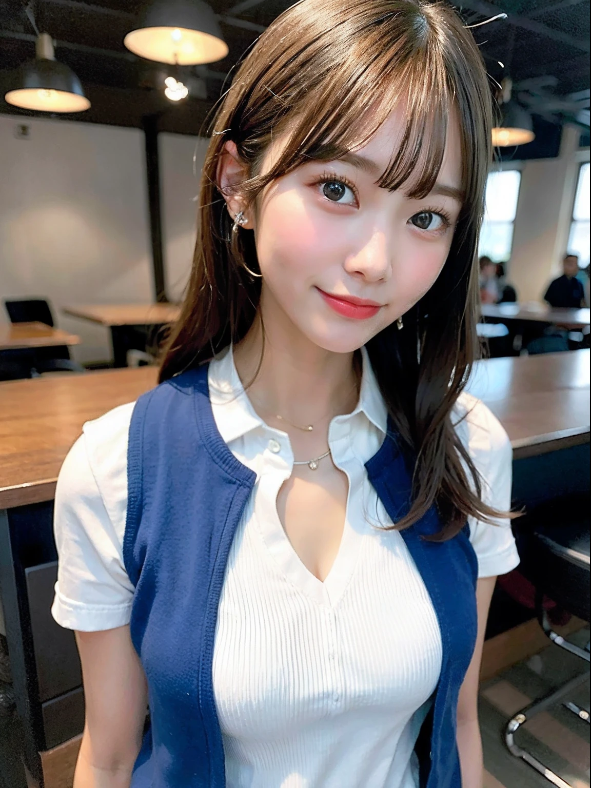 (((medium hair))), best quality, 8K, HDR, highres, absurdres:1.2, blurry background, bokeh:1.2, Photography, (RAW photo:1.2), (photorealistic:1.4), (masterpiece:1.3), (intricate details:1.2), 1girl, solo, japanese girl, delicate, beautiful detailed, (detailed eyes), (detailed facial features), petite, (((small breasts))), skin tight, (looking_at_viewer), from_front, (skinny), (best quality:1.4), (ultra highres:1.2), cinema light, (extreme detailed illustration), (lipgloss, best quality, ultra highres, depth of field, caustics, Broad lighting, natural shading, 85mm, f/1.4, ISO 200, 1/160s:0.75),1girl, solo, (((blue vest))) smile, school uniform, necklace,