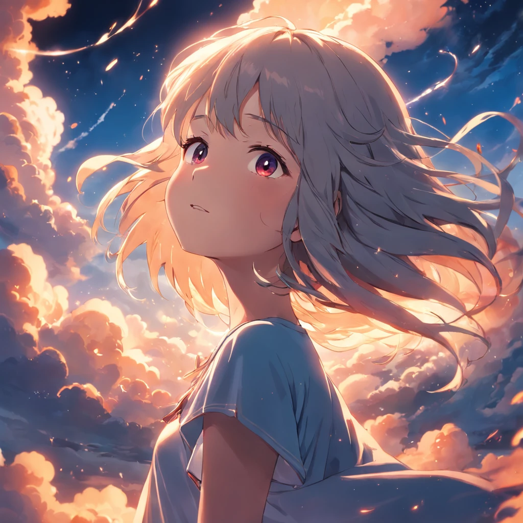 masterpiece, best quality, movie still, 1girl, cloud girl, floating in the sky, close-up, bright, happy, warm soft lighting, sunset, (sparks:0.7)