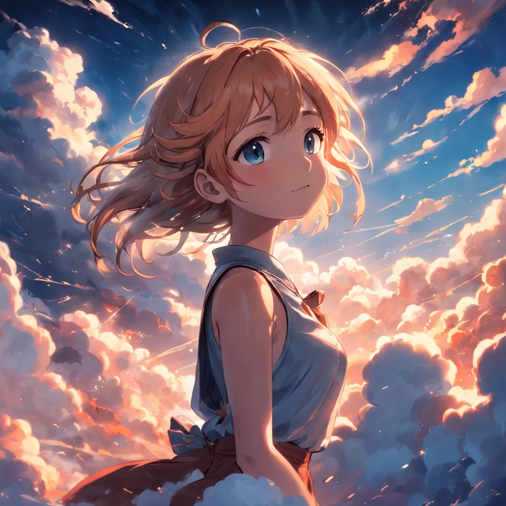 masterpiece, best quality, movie still, 1girl, cloud girl, floating in the sky, close-up, bright, happy, warm soft lighting, sunset, (sparks:0.7)