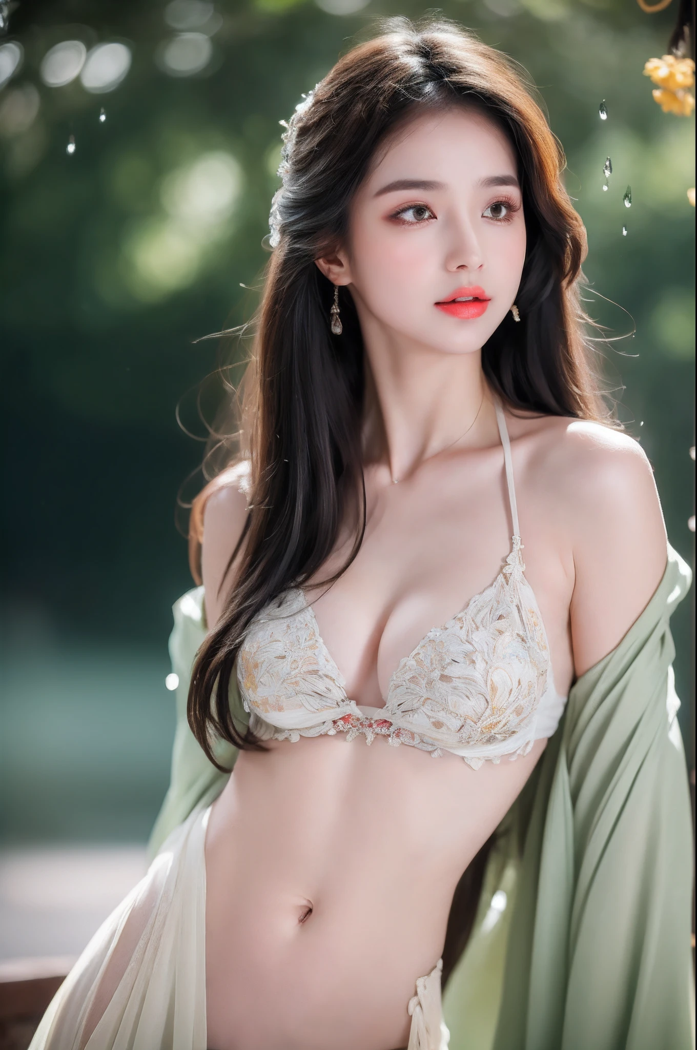 ((Best Quality, 8k, Masterpiece: 1.3)), Focus: 1.2, Perfect Body Beauty: 1.4, Buttocks: 1.2, ((Layered Haircut)), (Wet Clothes: 1.1), (Rain, Street:1.3), (Breasts: 1.2), (Hanfu: 1.2), Bare Shoulders, Bare Legs, Highly Detailed Face and Skin Texture, Fine Eyes, Double Eyelids, Whitened Skin, Long Hair, (Shut Up: 1.5), (Bokeh Background: 1.5), Big Breasts