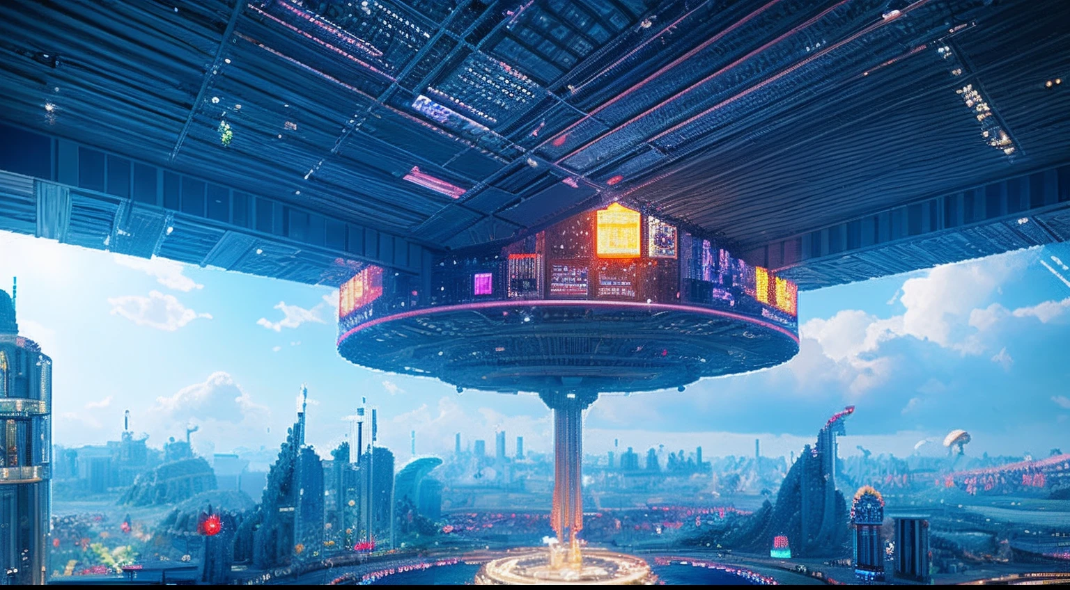 pixel game,scenography,fantastical scenes,Space City,levitating, Pixel art #pixelart
