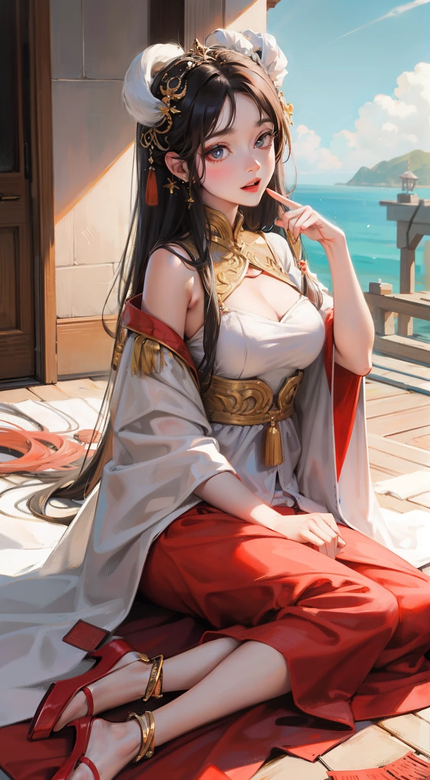 (masterpiece:1.2, best quality), Guanyin Bodhisattva,Female Bodhisattva,The eyebrows are like Satsuki,The eyes resemble double stars,The jade face is naturally joyful,Vermilion's lips were a little red,Sit on a huge lotus leaf,(nsfw: 1.5) (: 1.5), pubic