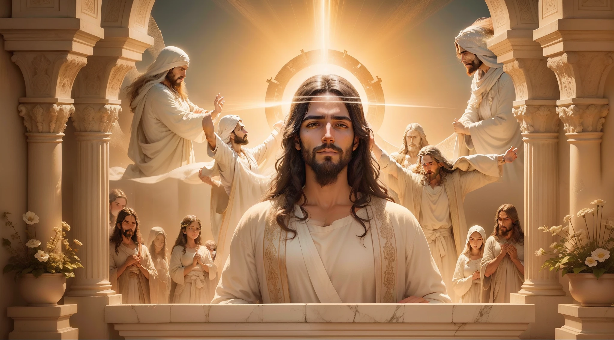 Nesta cena, Jesus is portrayed in heaven, irradiando divindade e serenidade. The atmosphere is ethereal, com suaves raios de luz iluminando os arredores. The composition is carefully framed, capturando Jesus no centro, surrounded by a paradisiacal setting. The camera zooms in to capture all the intricate details, showing the divine characteristics and expression of Jesus. His eyes reflect compassion and wisdom, enquanto seu sorriso sereno exala paz e amor. Dramatic lighting increases the depth and mood of the scene, creating a sense of wonder and reverence. The image is captured with an ultra-detailed camera, garantindo que cada nuance e textura seja fielmente reproduzida. Resolution is set to 8K, proporcionando clareza e realismo impressionantes. Photorealistic rendering brings Jesus to life, Capture the essence of your presence in a tangible and compelling way. The ratio is set to 4:3, allowing a balanced and classic composition. The version used is Midjourney 5.2, Leveraging the latest advances in imaging technology. Camera settings are set to automatic, optimizing exposure and focus to capture the scene in its utmost beauty. No geral, the scene depicts Jesus in all his glory, conveying a sense of divine presence and peace. The combination of ultra-detailed photography, Dramatic lighting and high-resolution rendering create a visually stunning and emotionally resonant depiction of Jesus in heaven, Rezando DE OLHOS FECHADO E SUAS MAOS FECHADAS JUNTAS, Jesus orando, Jesus, Rezando, rosto perfeito, ROSTO DE SER HUMANO, rosto lindo, rosto perfeito ROSTO