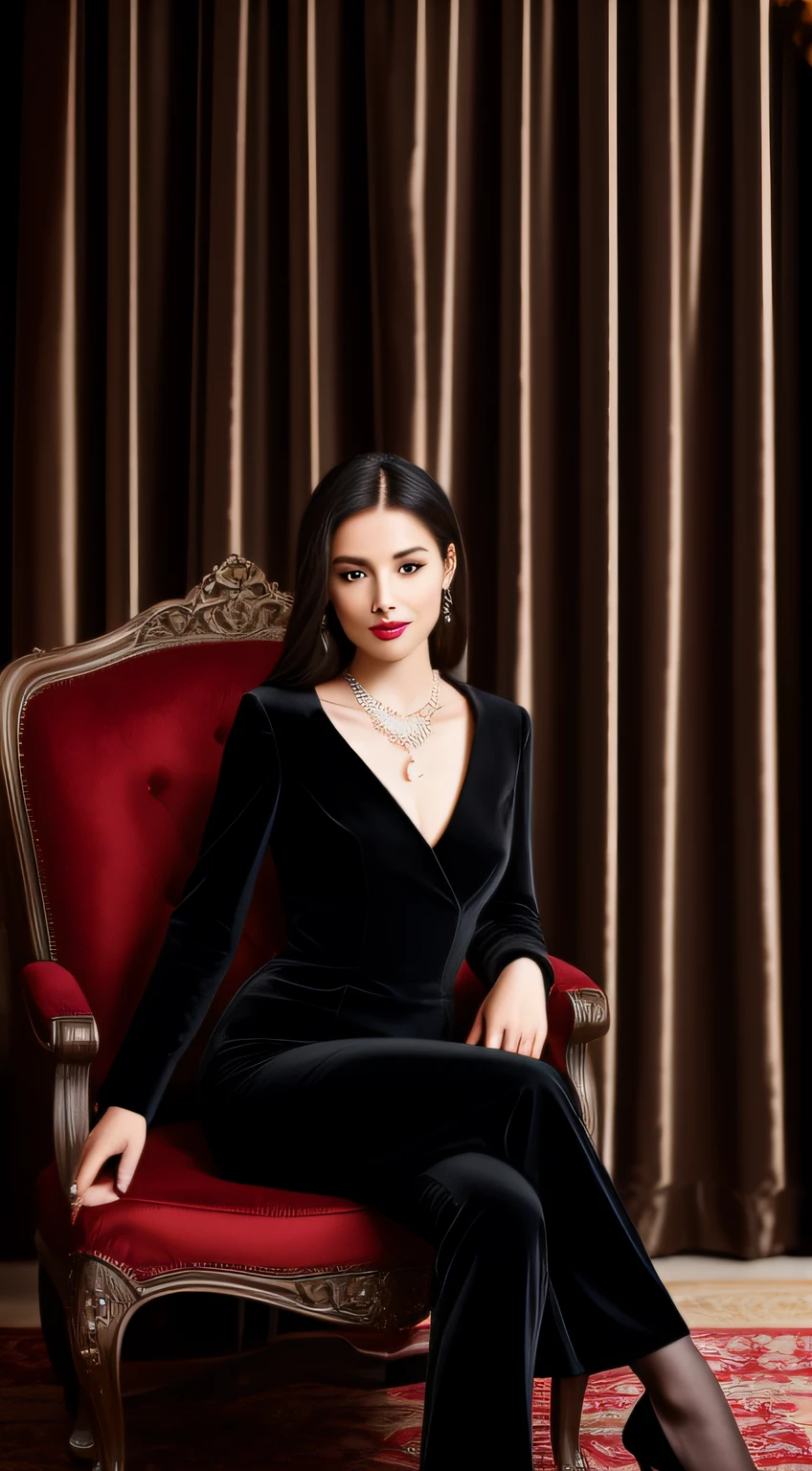 An elegant lady in a tailored black outfit, her face illuminated by a single spotlight, body and face positioned forward, sitting in a plush armchair, straight hair falling over her shoulders, eyes exuding a seductive look yet her mouth set in a serious expression, a love counselor, wearing red lipstick and a pearl necklace, background featuring bookshelves filled with relationship books and a velvet curtain, atmosphere of sophistication with a touch of mystery, Photography, DSLR with a 50mm f/1.8 lens, --ar 16:9 --v 5