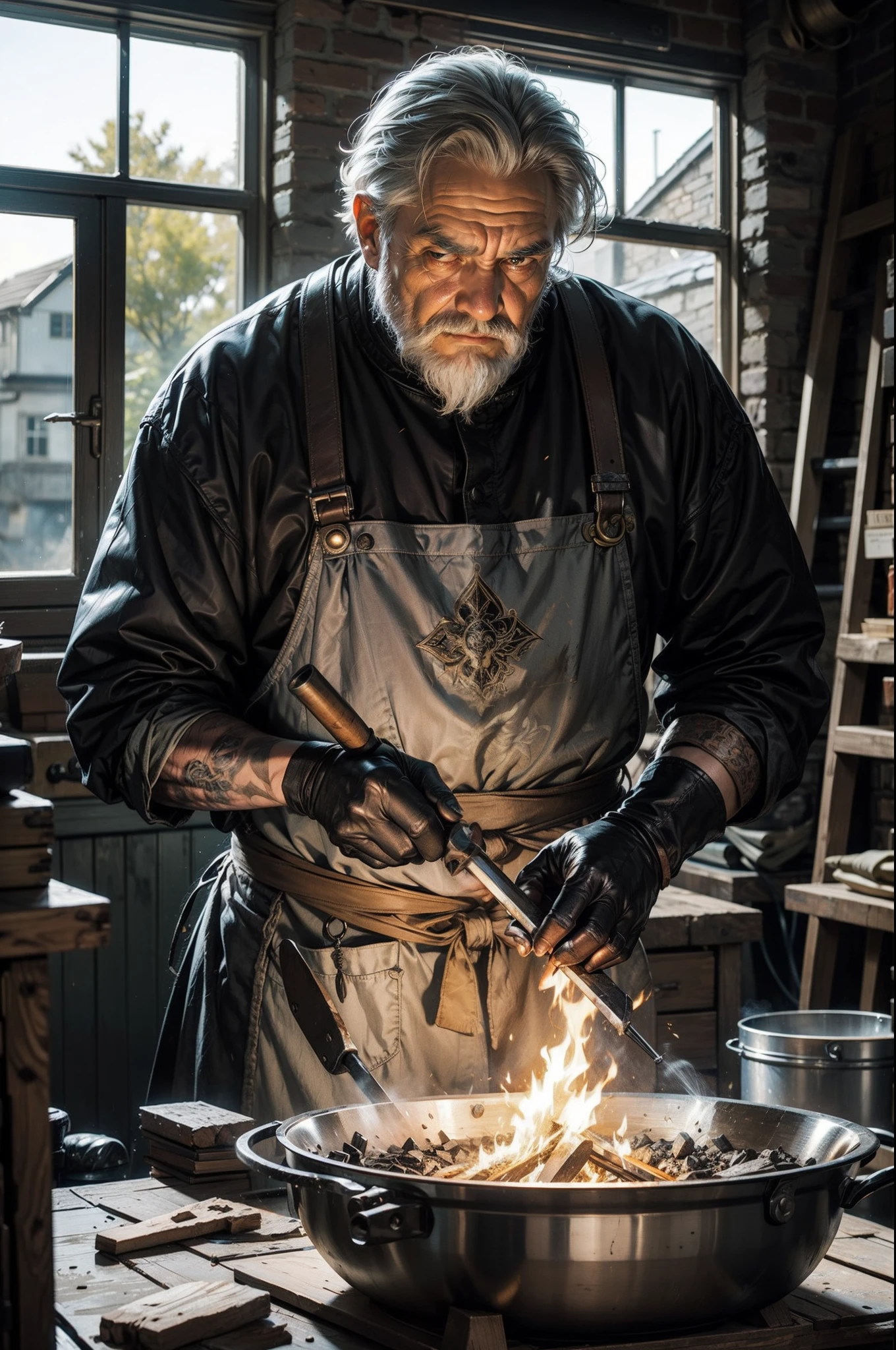 The old blacksmith is a wrinkled and stout looking man, whose face is marked by time and hard work. His gray hair is matted and his thick mustache, covered in soot, gives an even more imposing appearance. His calloused and strong hands bear witness to the years of effort devoted to the art of blacksmithing.

Dressed in a battered linen tunic, covered in charcoal stains, and a worn leather apron, the old blacksmith looks like an ancestral figure, connected to the past and the secrets of the forge. On his face, the expression of serenity and wisdom contrasts with the intensity of his gaze, which shows the concentration and passion he has for his craft.

In the medieval forge, flames dance around the furnace, illuminating the environment and casting shadows on the stone walls. The glowing iron glows under the hammer of the blacksmith, who, with precise movements, shapes and transforms the metal into functional works of art. The embers fly through the air, while the smell of hot metal and the rhythmic sound of the hammer on the anvil fill the air.

Around the forge, working instruments of different sizes and shapes are arranged, revealing the expertise and experience of the blacksmith. Iron tweezers, sledgehammers, carvers and files are a testament to the variety of techniques and skills he has mastered over the years.

Despite his advanced age, the old blacksmith is still active and attracts apprentices and curious people who seek to learn from his dexterity and tradition. He is respected for his expertise and the magnitude of the works he creates, from swords and armor to practical utensils for everyday life.

The old blacksmith is an emblematic figure of the medieval forge, a guardian of ancestral knowledge and the history of the art of blacksmithing. Their presence in the forge is a reminder that even in modern times, tradition and passion for the craft can survive and inspire future generations.