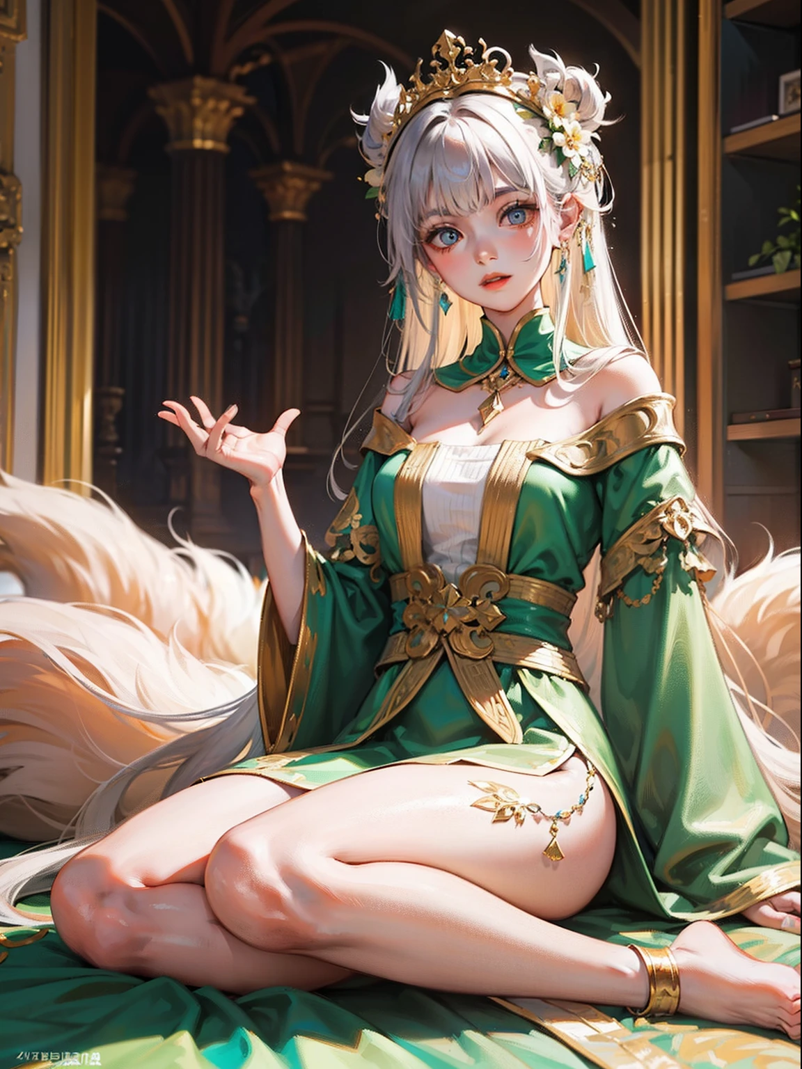 (highly detailed CG,Exquisite and rich:1.2),The nine-tailed fox Sudaji,Dress conservatively,Sit in the middle of the palace,Brilliant and brilliant,