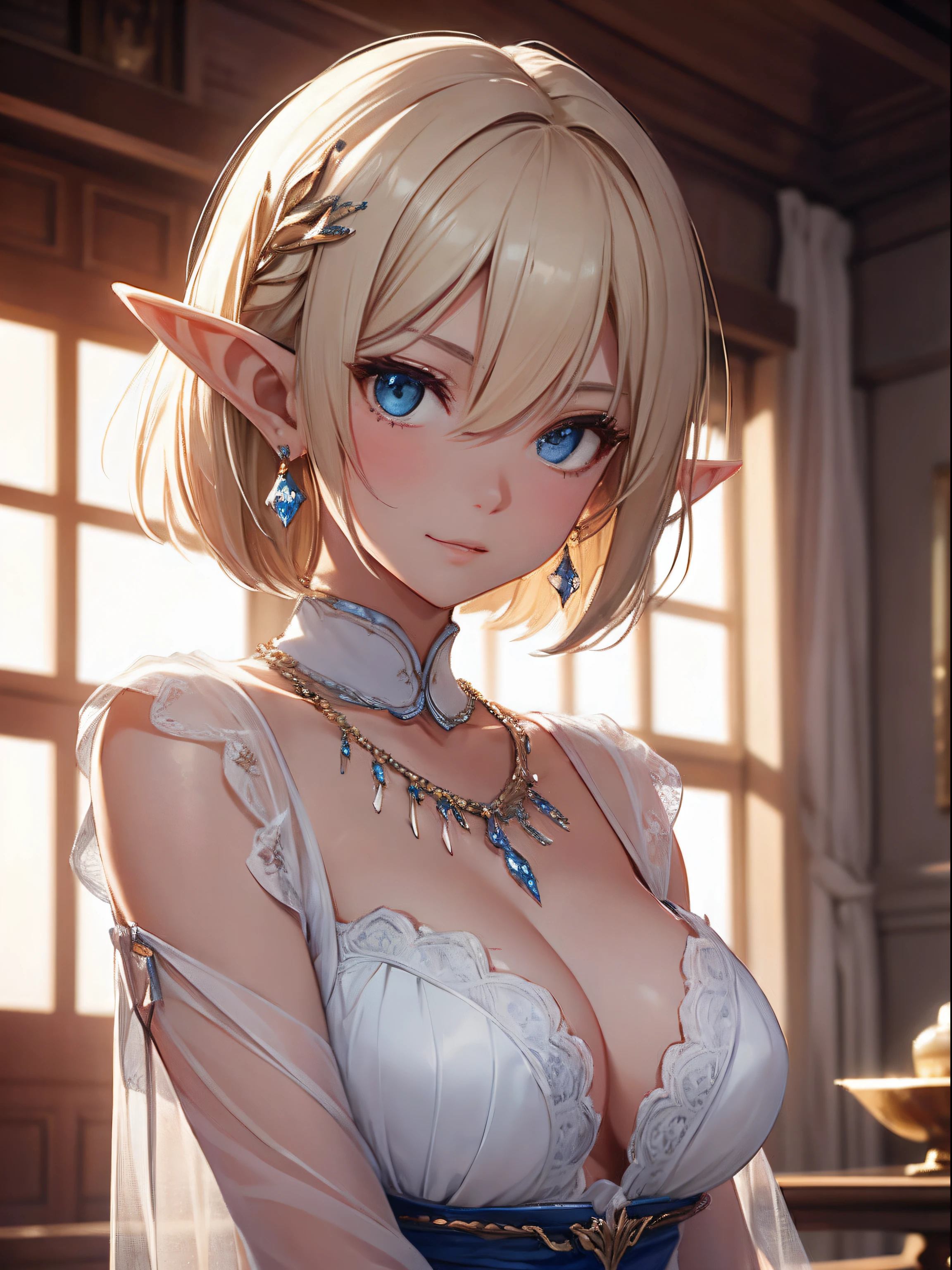 Cute elf girl,short detailed hair,Exquisite Hair,With Ultra HD details,Professional lighting and lighting。Tall and tall,Sexy clothes,Delicate earrings,Delicate necklace,light breeze,Brighter scenes,More refined facial features,eyes with brightness,Light smile,anaglyph,tachi-e,Atmospheric perspective,High detail backlight,Chiaroscuro,full bloom,Ray trajectories,Perspective top-down,super detailing、acurate、best qualityer、Textured epidermis、Anatomically correct