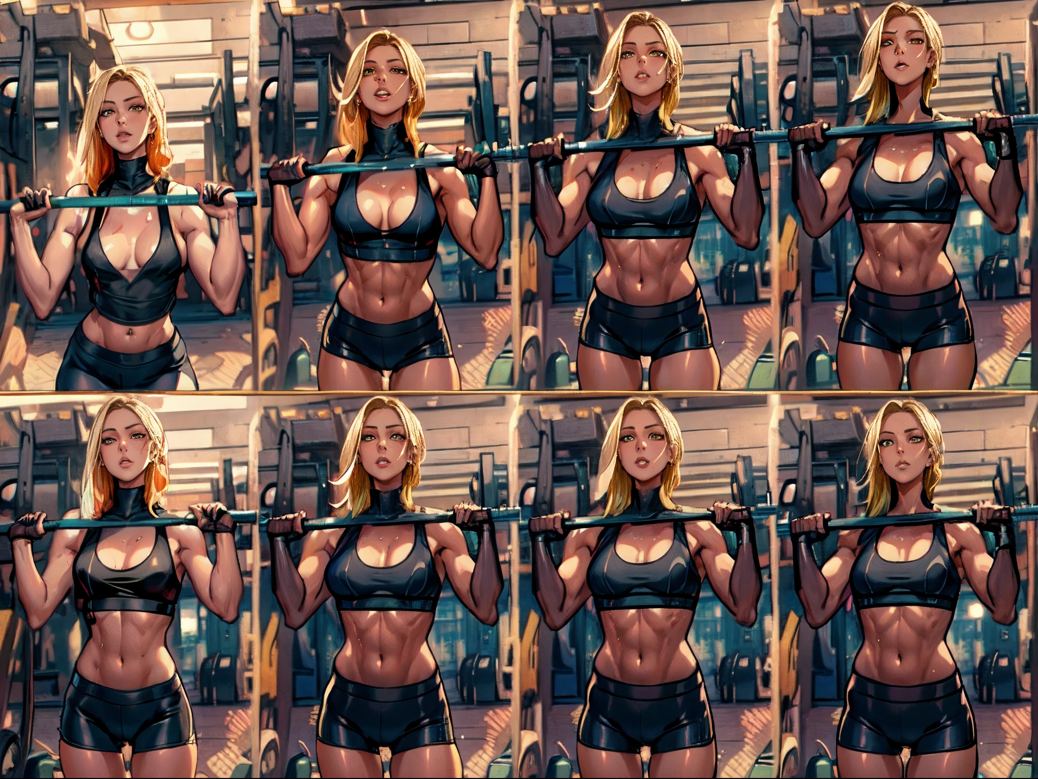 a set of nine different poses of a hot woman, unparalleled masterpiece, ultra realistic 8k CG, perfect artwork, (1girl:1.1) , solo, ((perfect female figure)), (nsfw), looking at viewer, mature female, (teasing), best quality:1.1 , seductive posture, sexy pose, alluring, (beautiful), (curvy), (thick), blonde hair, (yellow eyes:1.2), short hair, earrings, jewelry, denim vest, open vest, black pantyhose, black shirt, denim shorts, striped long sleeves, toned legs, fit, (abs:1.1), (big butt:1.4), peach ass, (athletic body:1.2), (small breasts:1.3, (medium_breasts:1.1), wide_hips:1.5, narrow waist, small waist:1.5, slender body:1.2, thick thighs:1.3), (shiny skin:1.2), (hdr), (street:1.2), Nikon D850 film stock photograph Kodak Portra 400 camera f1.6 lens, rich colors, lifelike texture, dramatic lighting, unreal engine, trending on ArtStation, by Gerald Brom, by Frank Frazetta, by Luis Royo, by Julie Bell, by Boris Vallejo, working out, black underwear, sexy, erotic, a set of nine different poses of a woman in a black outfit, set of high quality hd sprites, spritesheet, intricate, sprite sheet, blond character, fullbody pose, style mix of æon flux, erotic , vfx spritesheet!!!!! arafed woman in a black bikini doing a squat, working out, in a gym, android 18 at the gym, sweaty, gym, sweat, sport bra and shorts, musclar girl , sweaty 4 k, workout, bum, shoulders can be seen, flexing, sweating hard, tomboy, short hair blond girl, arafed image of a woman doing a barbell squat, working out, shoulders up, nicole aniston, nina agdal, gif, thrusters, workout, montage, seamless, toned, in a gym, alana fletcher, upper body!!, put on 1 0 0 pounds of muscle, six packs, lifting weights, well toned, fitness model, muscle definition, by front, look at viwer, beatifull face, ((front)), ((by front)), ((looking at viewer))