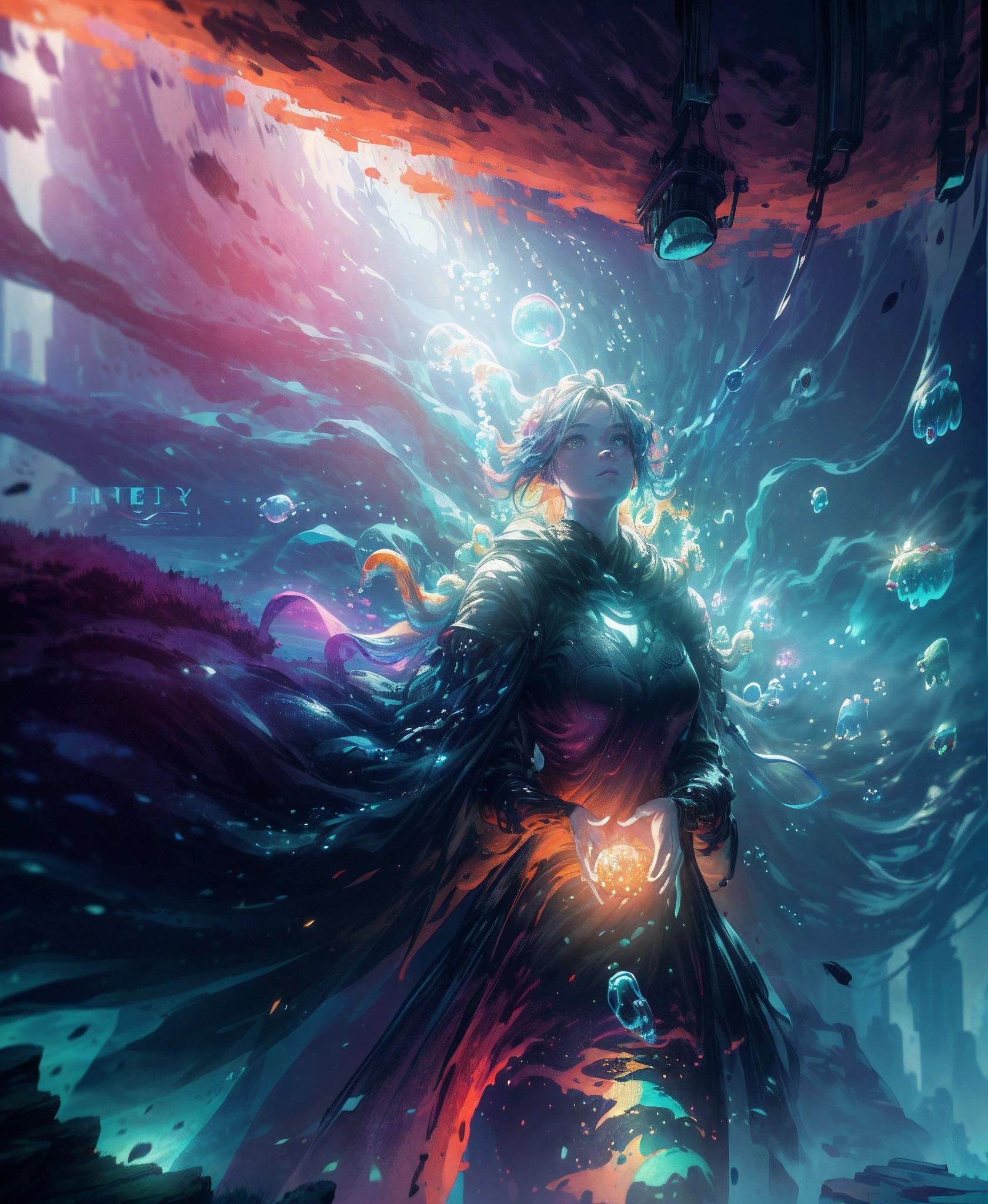 (Masterpiece), (Best Quality), (Official Art, Highly Detailed CG Unity 8k Wallpaper), (Very Detailed), (((Absurd)), 1 Girl, Midshot, (Exquisite Facial Features), (Serafuk: 1.3) ((SFW)), ((Clean Hands)), (White Neeso without shoes)), Aqua Eye, Colored Contact Lenses, Stars in the Eyes, (((((Colorful Bubbles)))), Colorful Glass, (Album cover) Vast landscape photo, (sky up, field below), girl standing in a flower field and looking up, (full moon: 1.2), (meteor: 0.9), (nebula: 1.3), distant mountains, trees BREAK craft art, (warm light: 1.2), (fireflies: 1.2), lights, lots of purple and orange, intricate details, voluminous lighting, realism BREAK (masterpiece (Best Quality), 4k, Ultra Detail, (Dynamic Composition: 1.4), Very Detailed, Colorful Details, (Rainbow Color: 1.2), (Glow Lighting, Atmospheric Lighting), Dreamy, Magical, (Solo: 1.2)