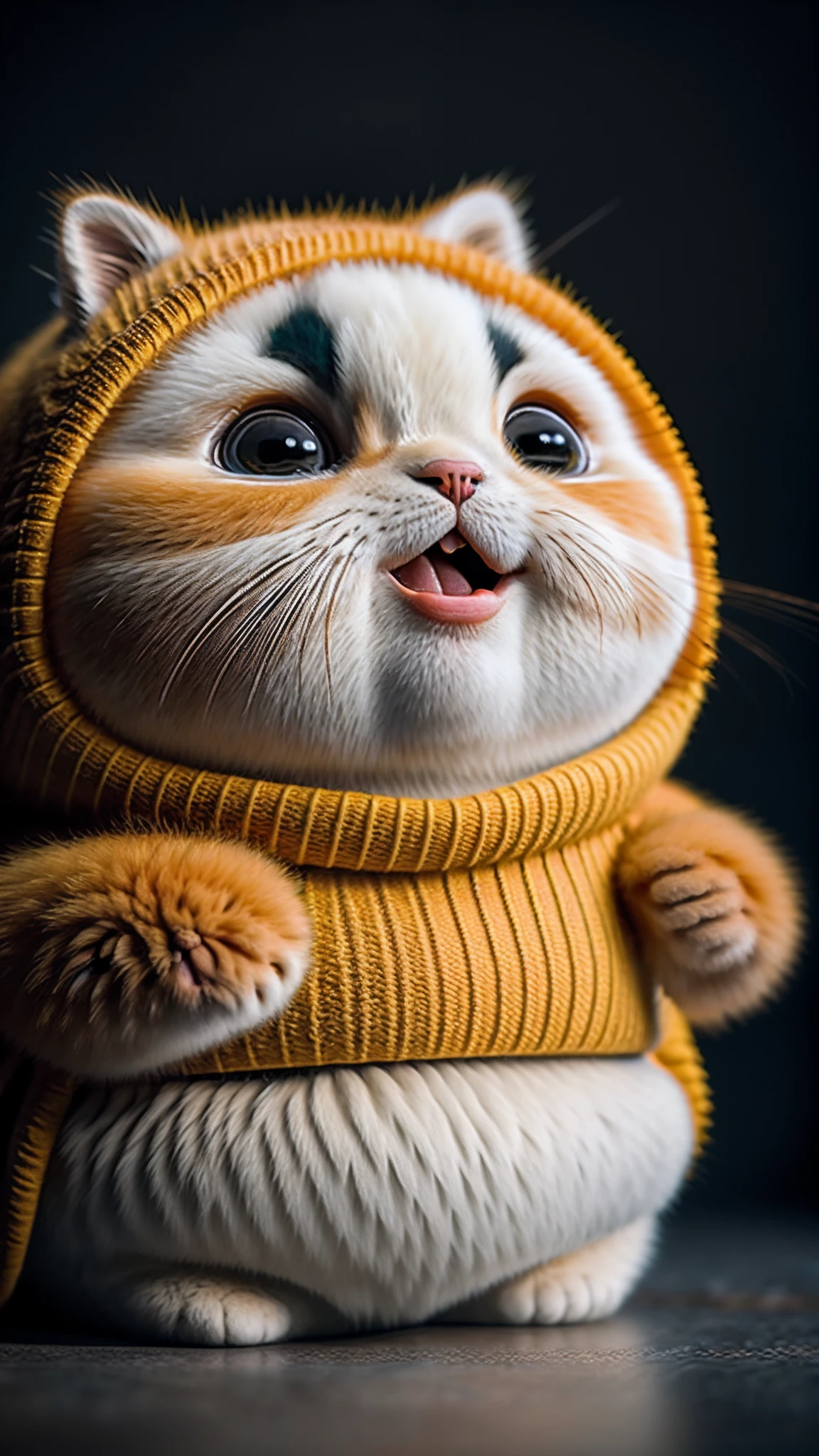 cat, orange, fat, garfield, no_humans, depth of field, disney style, DARK_Glam, wearing DRK_Glam, deep shadow, (dark: 1.4), (8k, RAW photo, best quality, masterpiece: 1.2), big expression happy with mouth