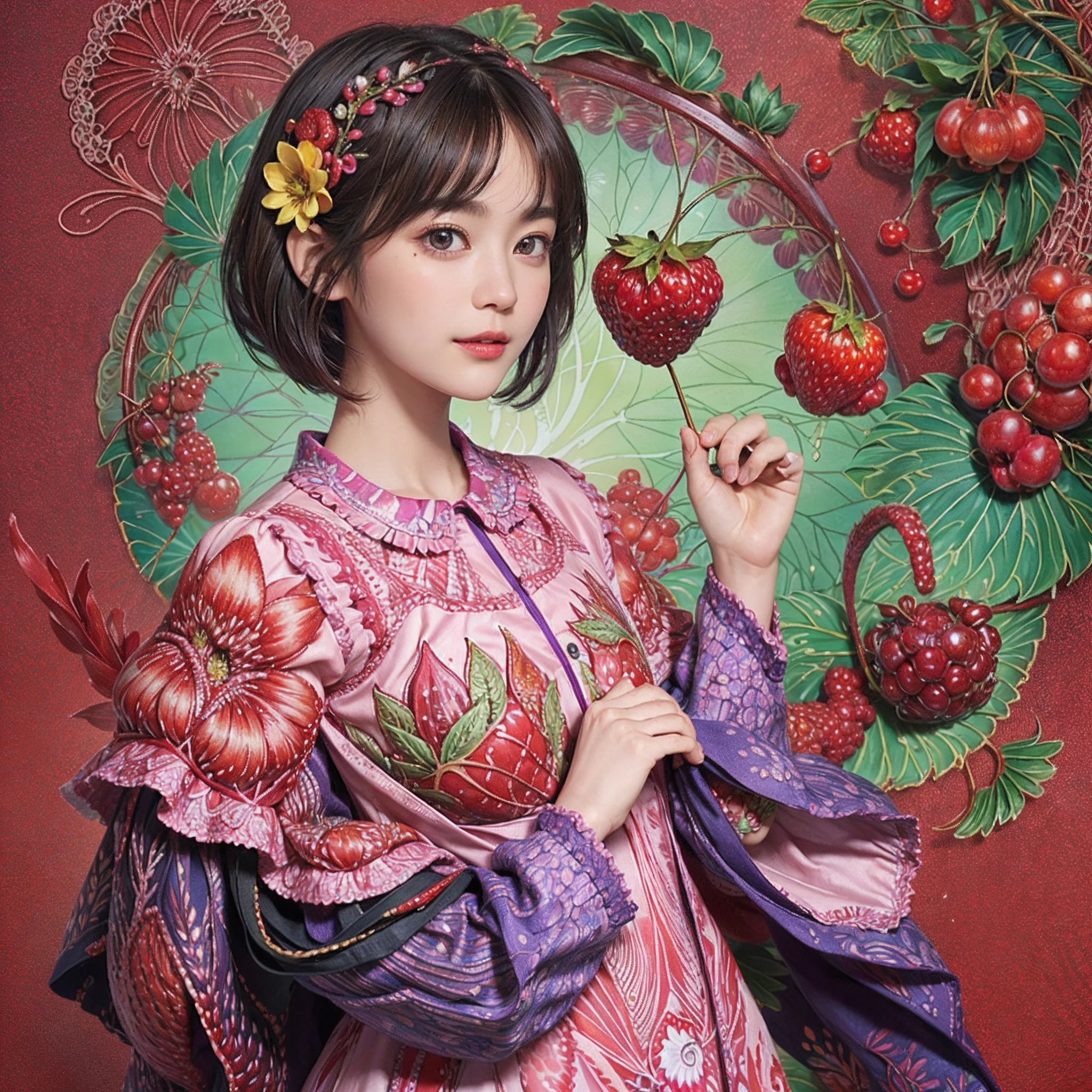 (Ultra detailed backgrounds、detailedbackground)、absurderes、Hi-Res、ultra-detailliert、ighly detailed、1womanl、(Floral clothing)、(Zentangle:1.2)、(fractals:1.2)、(colourfull)、(A dark-haired、Berry - Shorthair:1.3)、A slight smil