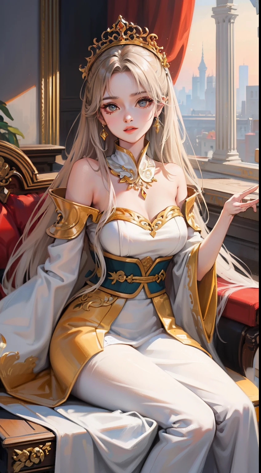 (Close Shot, Best Quality:1.5, hight resolution, nffsw, 4K, Detailed Lighting, shaded blonde straight hair, White princess dress, thighs thighs thighs thighs, Stockings, Smiling, Bedroom background, tiarra