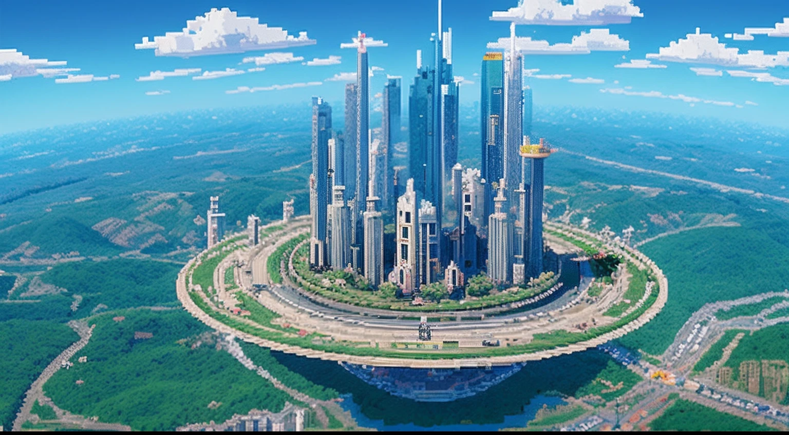 pixel game，scenography，fantastical scenes，Space City，levitating， Pixel art #pixelart