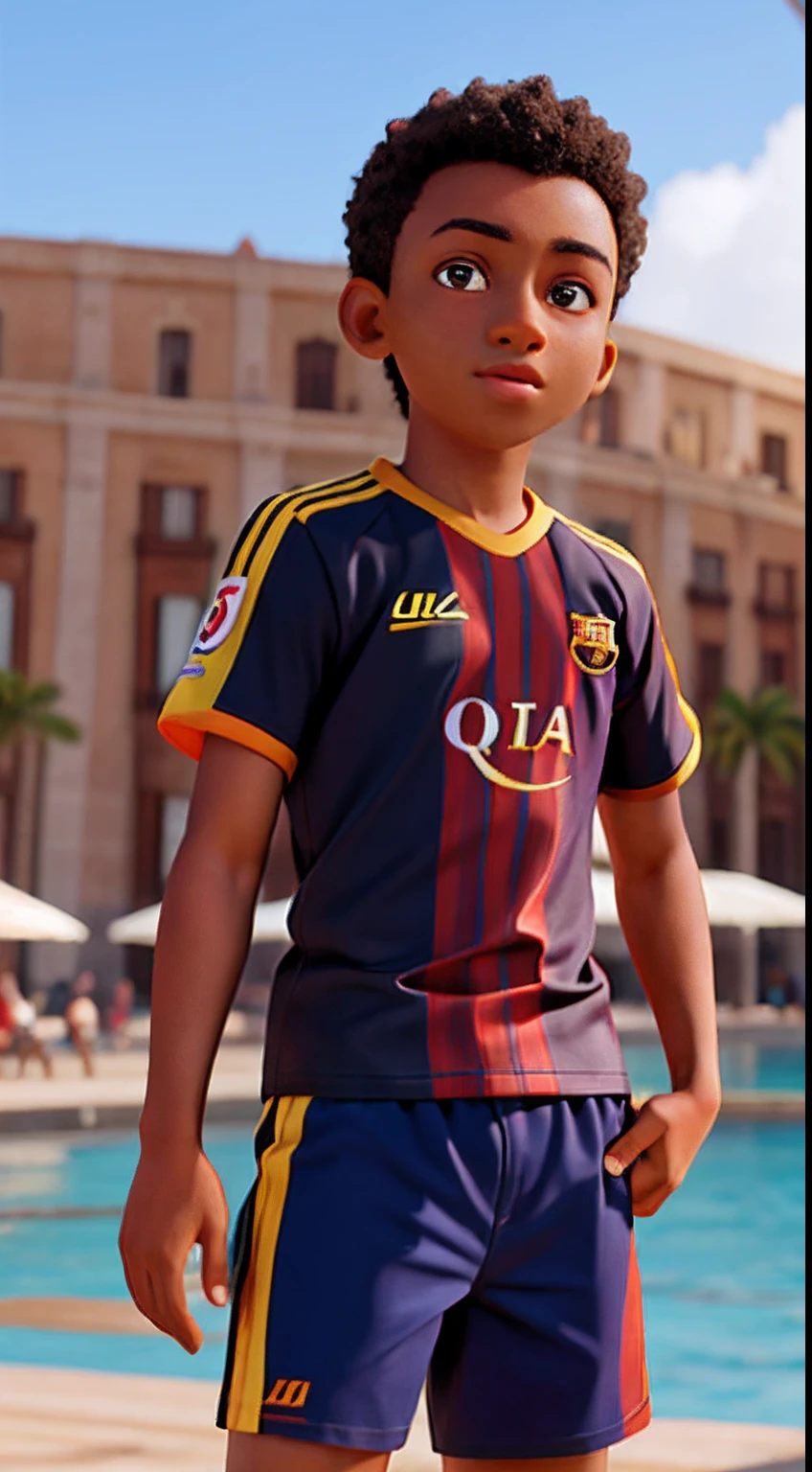 (Masterpiece),um garoto (solo),,pele escura,camisa do Barcelona temporada 14/15,short preto numa praia,melhor qualidade,8k